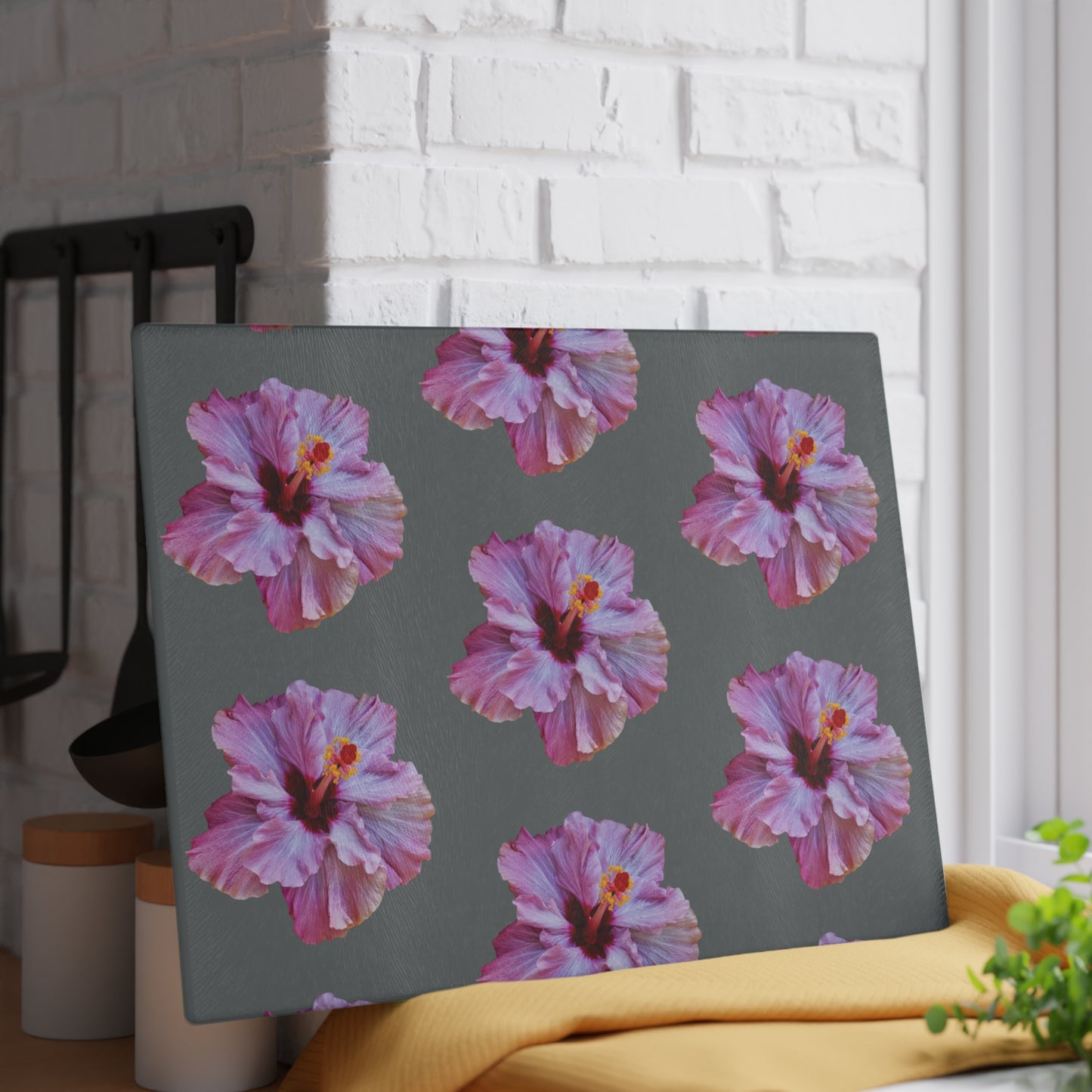 Glass Cutting Board, 2 sizes - Real Purple Hibiscus/Dark Grey