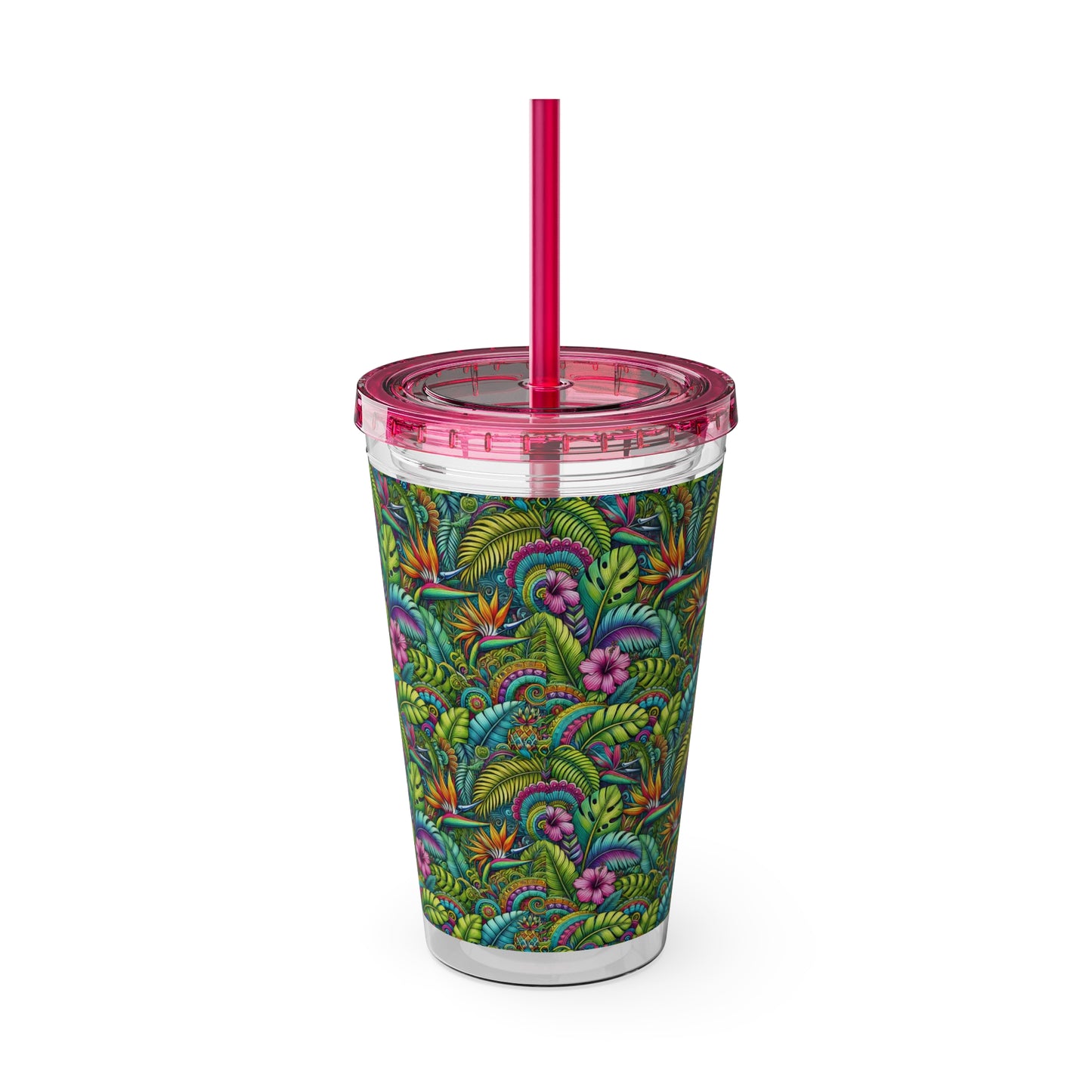 Tropical Tumbler with Straw | 16oz Colorful Travel Cup / Rainforest Blooms