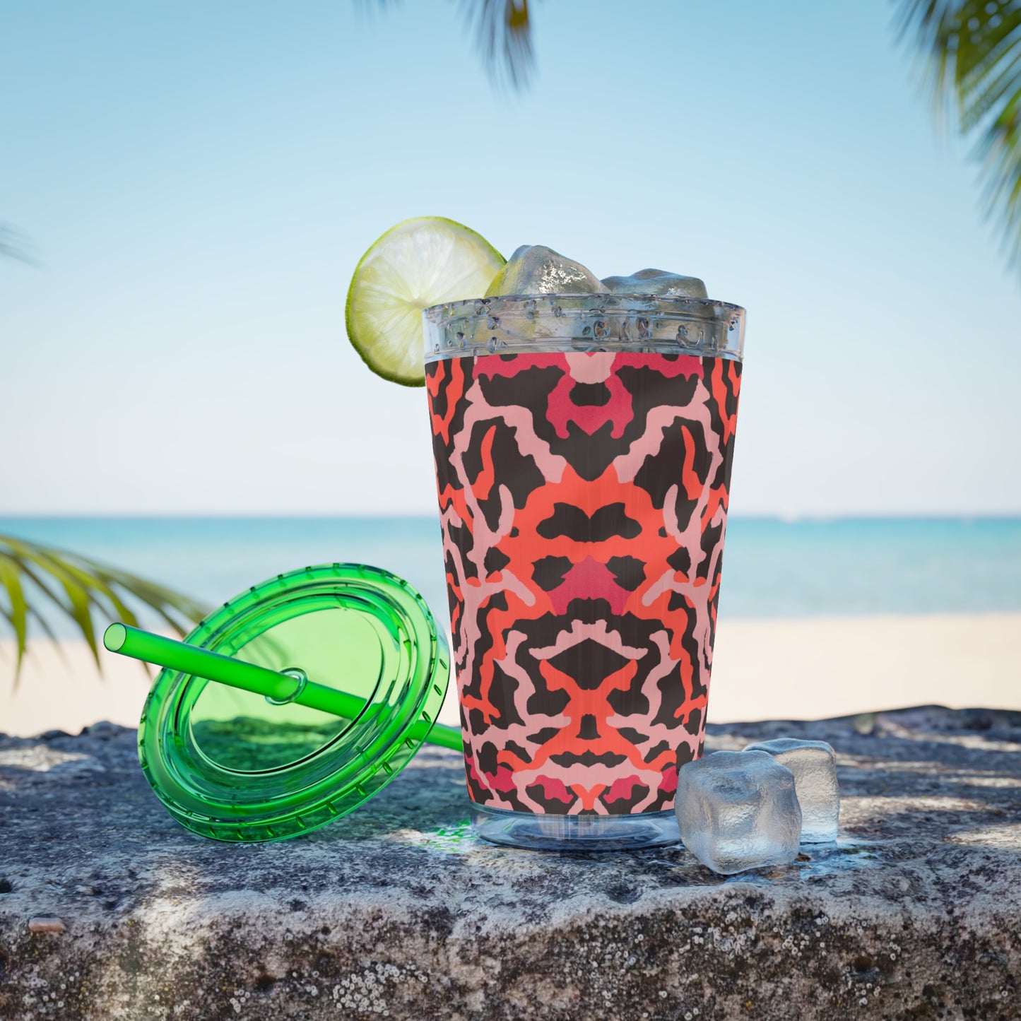 Tropical Tumbler with Straw | 16oz Colorful Travel Cup / Coral Threads, Red