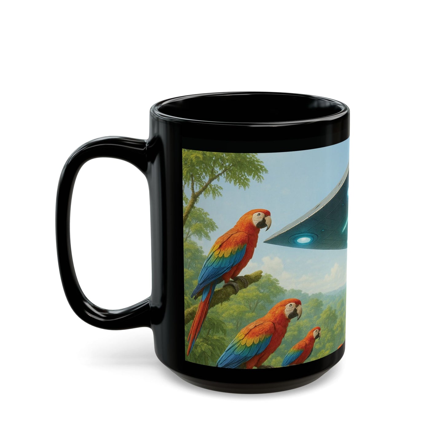 Black Coffee Mug - UFO and Macaws, Full View
