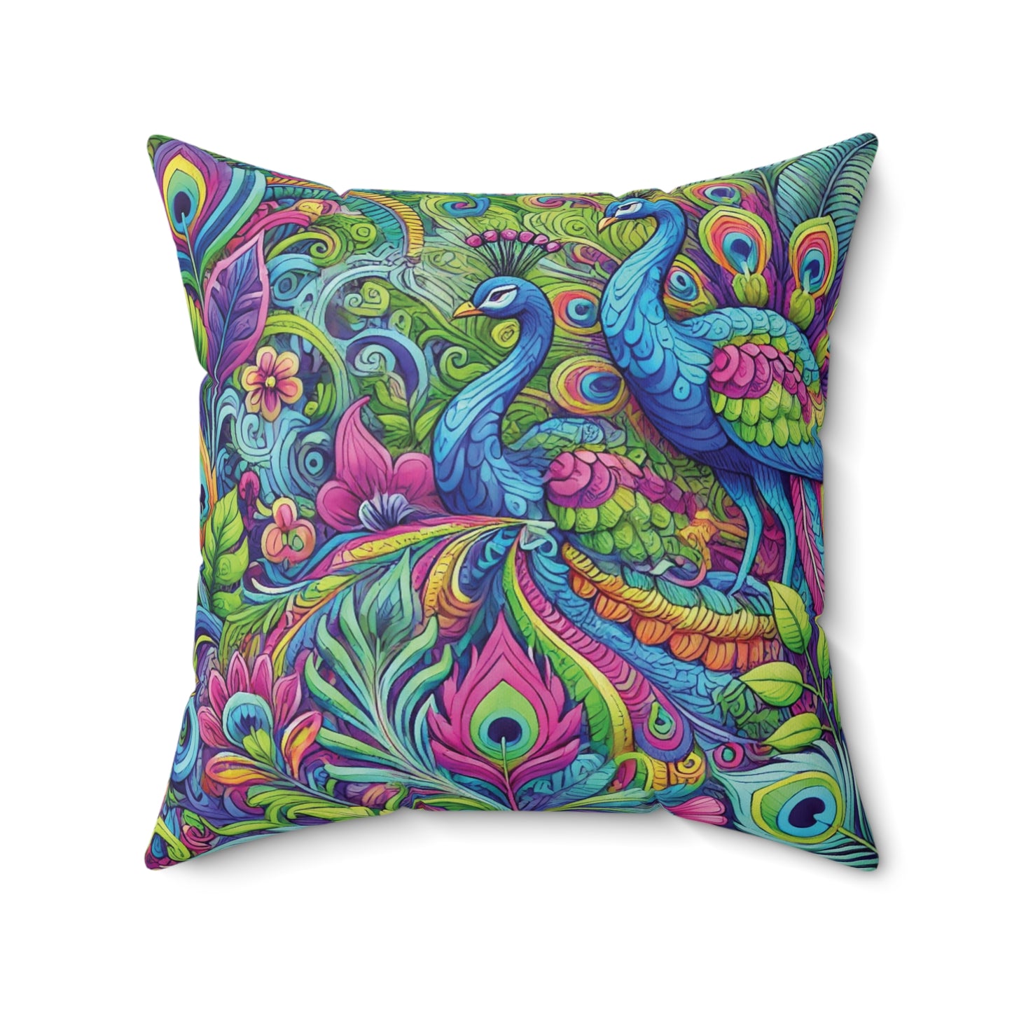 Spun Polyester Square Pillow - Rainforest Peacocks Pop