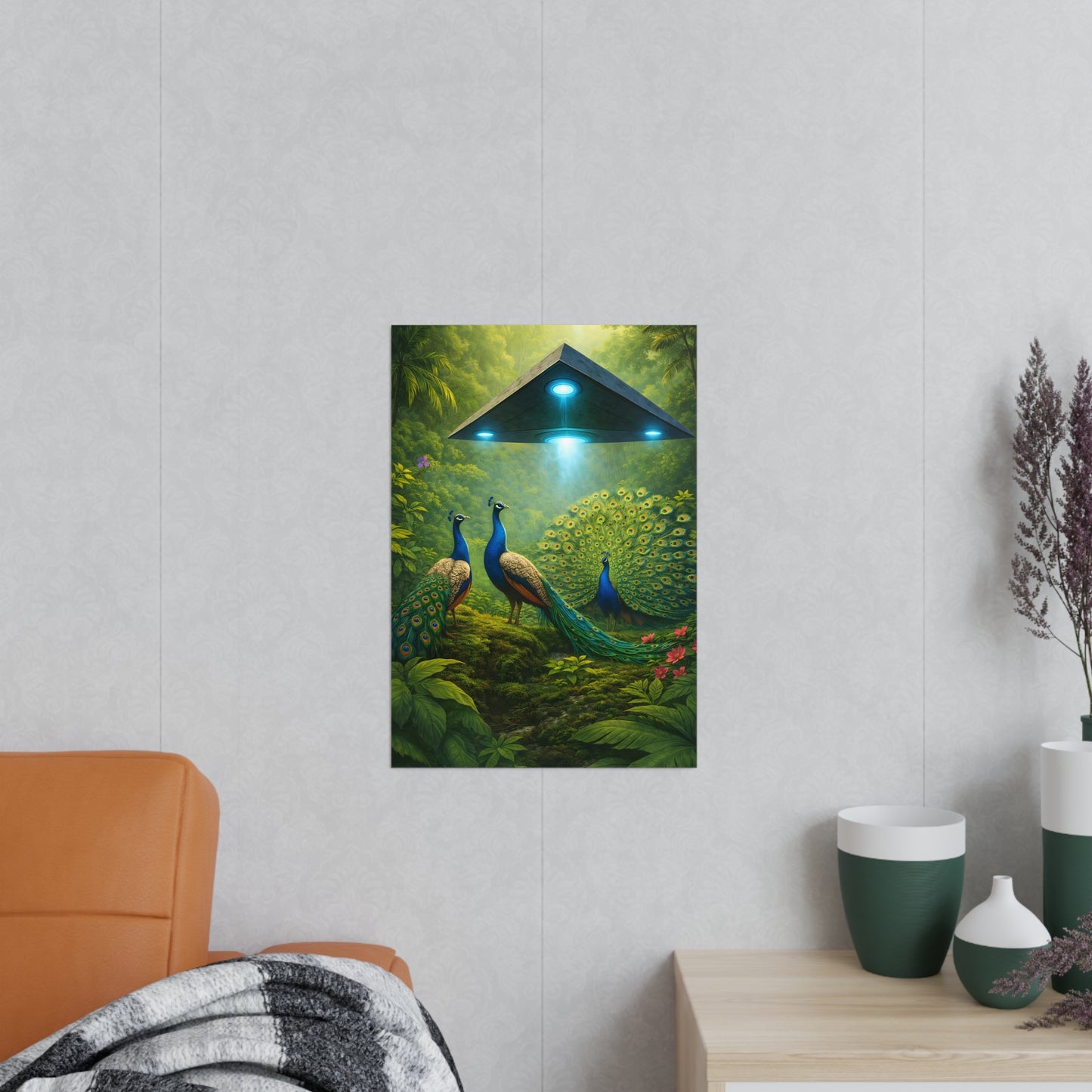 Photopaper Poster — UFO & Peacocks Sci‑Fi Wall Art