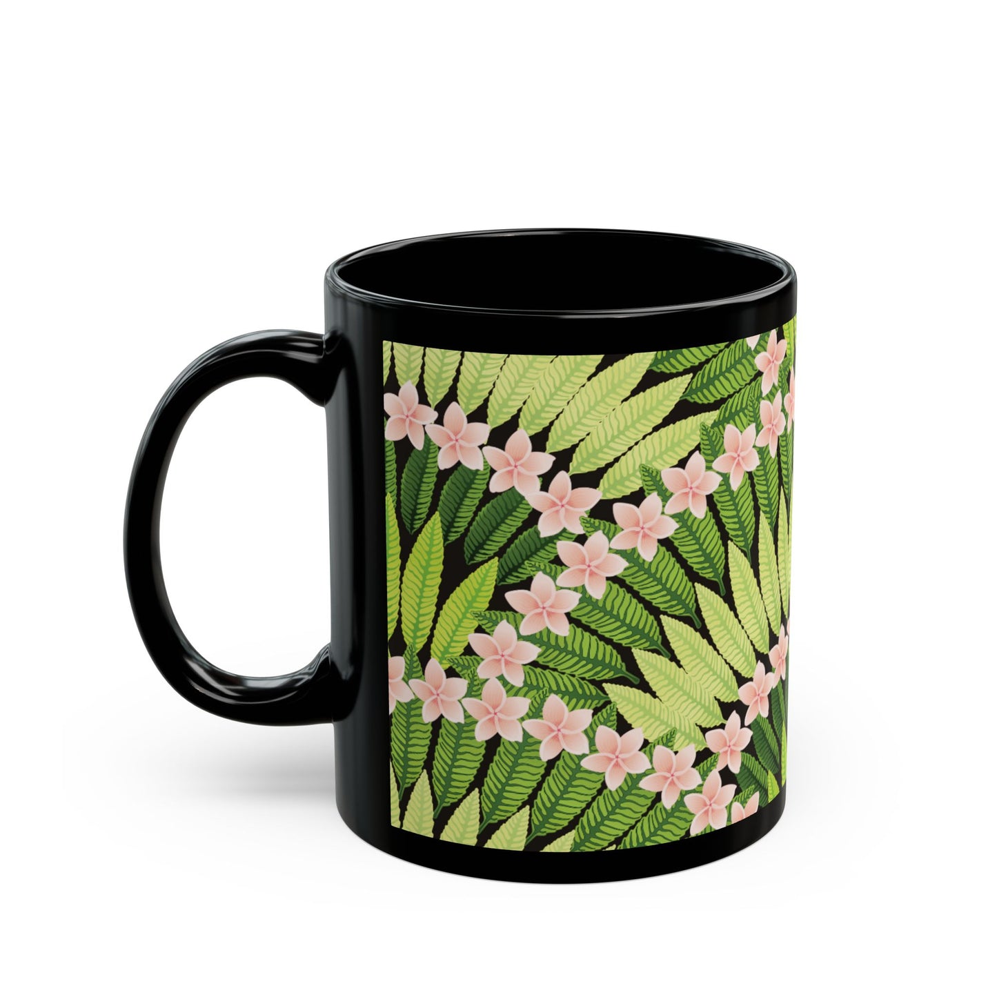 Black Mug (11oz, 15oz), Plumeria and Palms, Lime