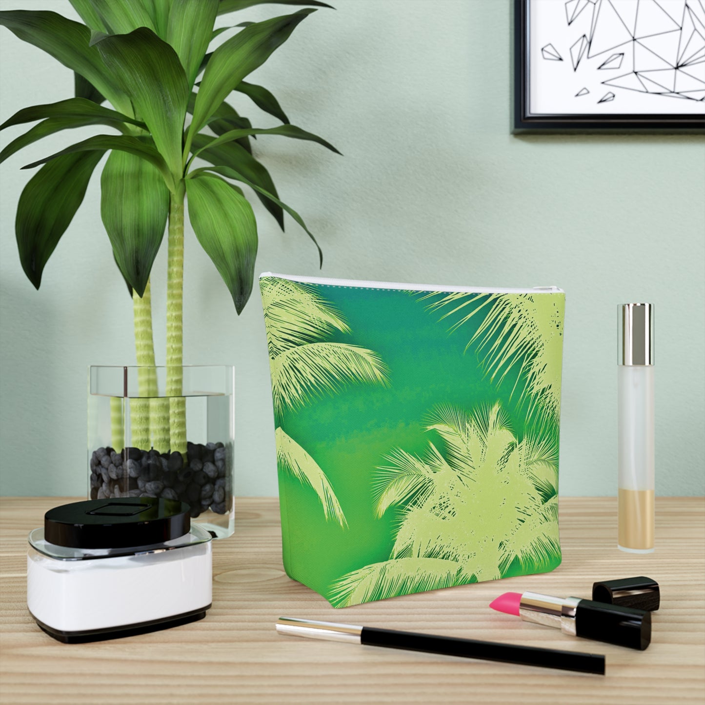 Tropical Cotton Cosmetic Bag, Makeup Pouch, 5 Sizes / Palm Glow, Green