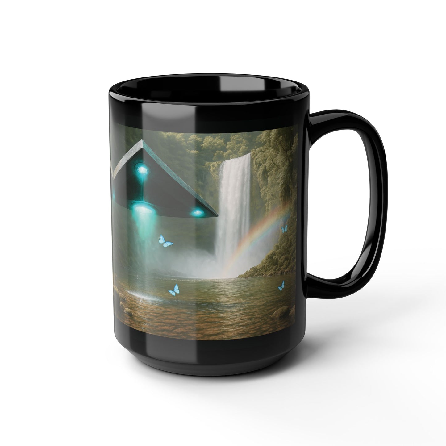 Black Coffee Mug - UFO and Waterfall