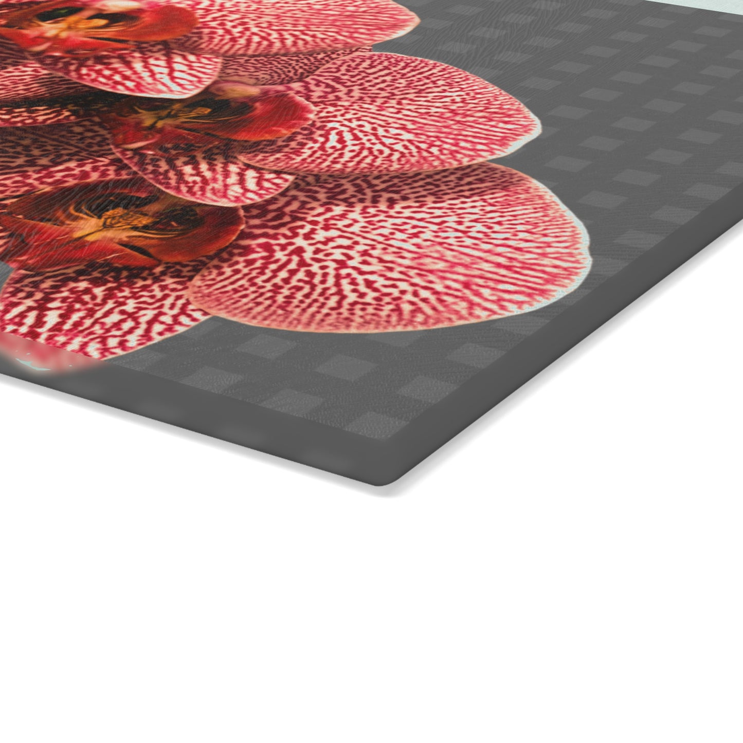 Glass Cutting Board, 2 sizes - Red Orchid, Grey Wicker