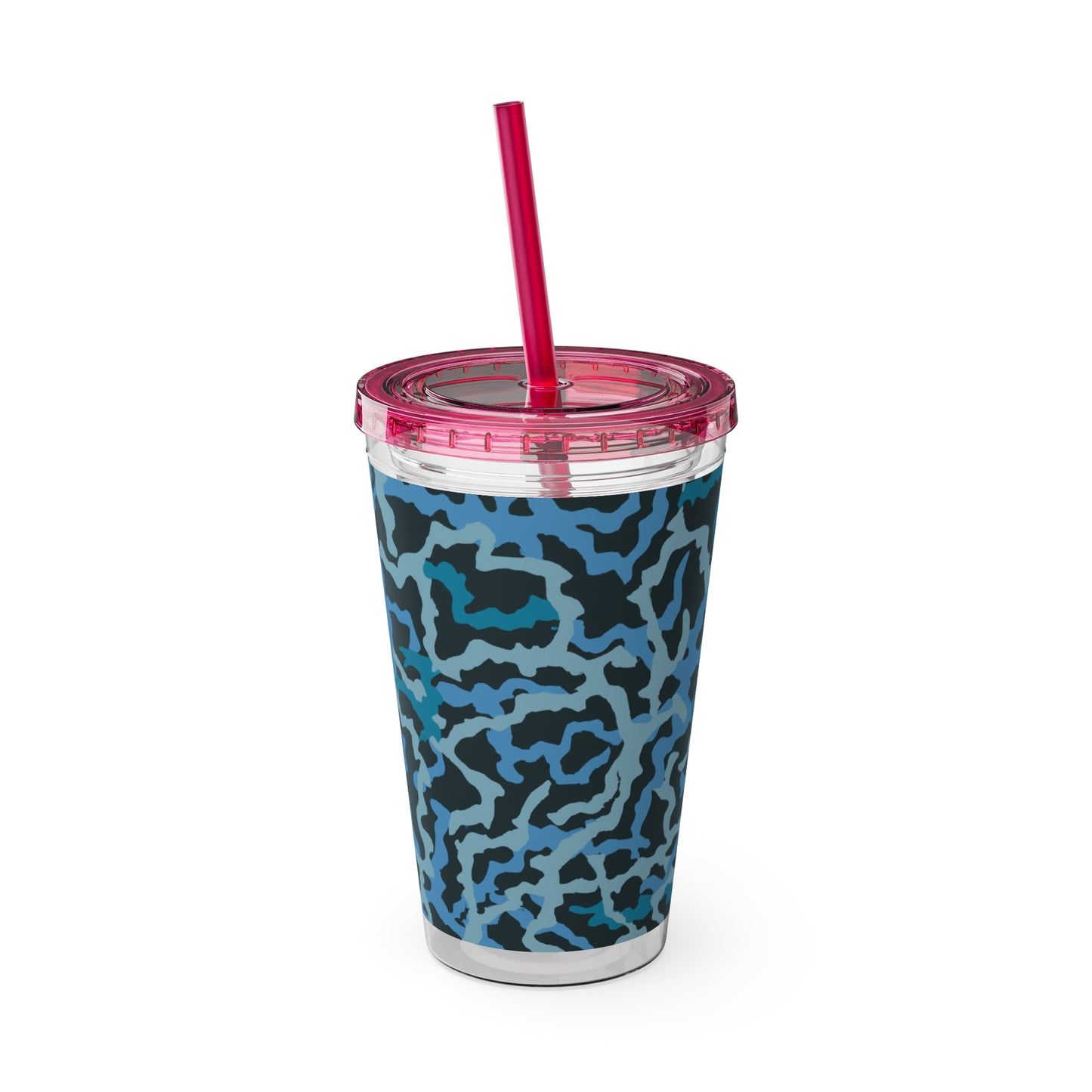 Tropical Tumbler with Straw | 16oz Colorful Travel Cup / Coral Threads, Blue