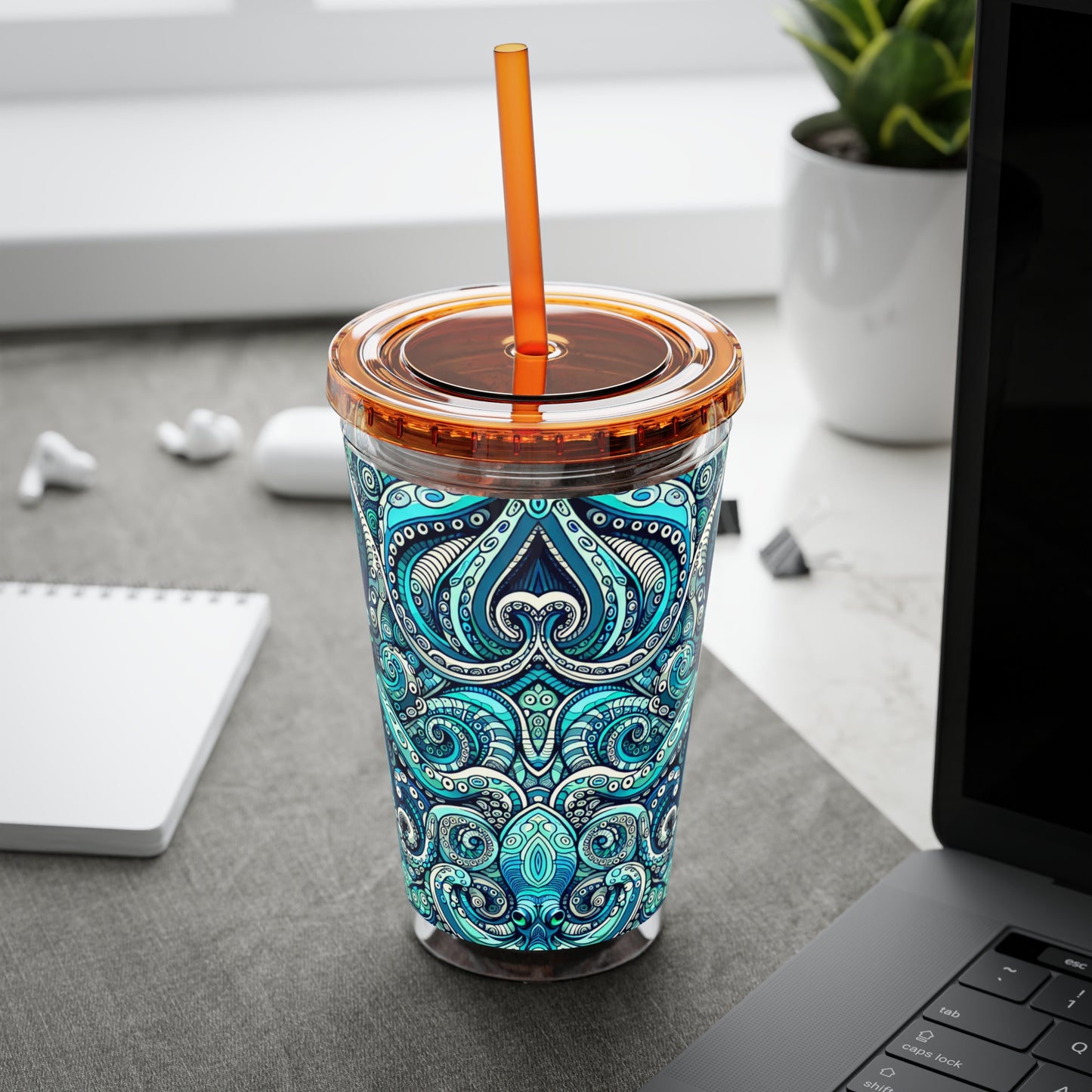 Tropical Tumbler with Straw | 16oz Colorful Travel Cup / Aqua Octopus