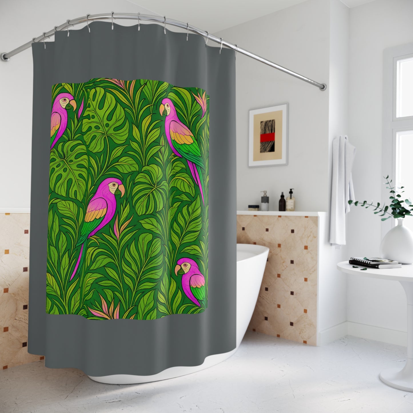 Tropical Shower Curtain - Ocean Bathroom Decor / Parrot Family/Pink, Dark Grey