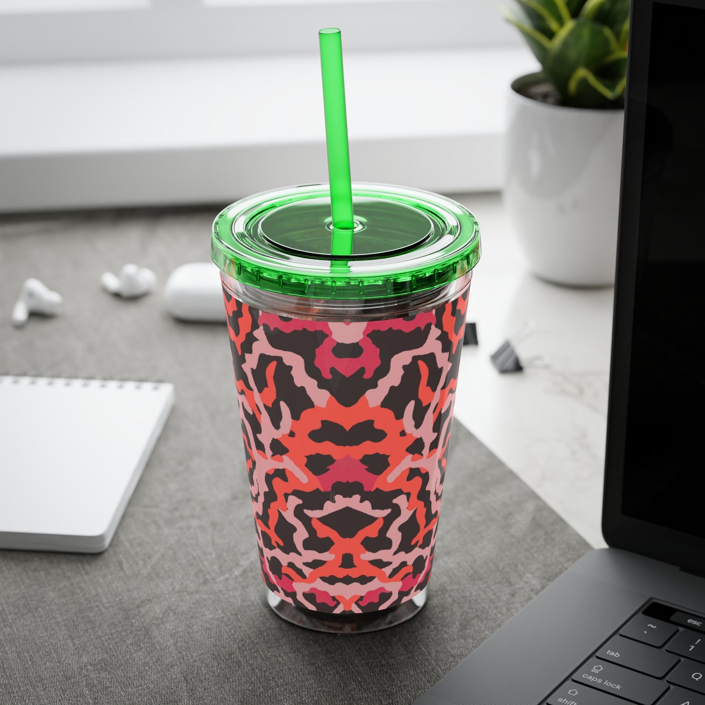 Tropical Tumbler with Straw | 16oz Colorful Travel Cup / Coral Threads, Red