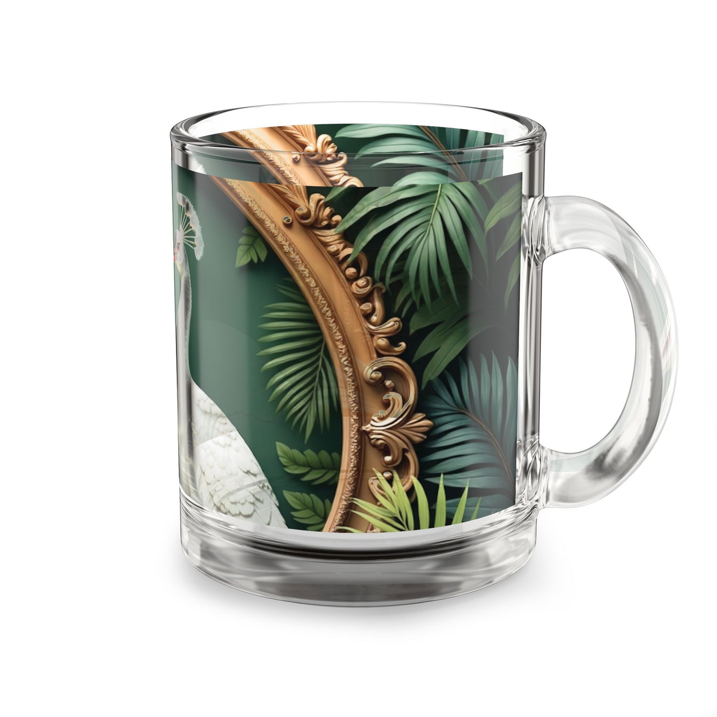 Tropical Glass Mug - 10oz Coffee Cup / White Peacocks