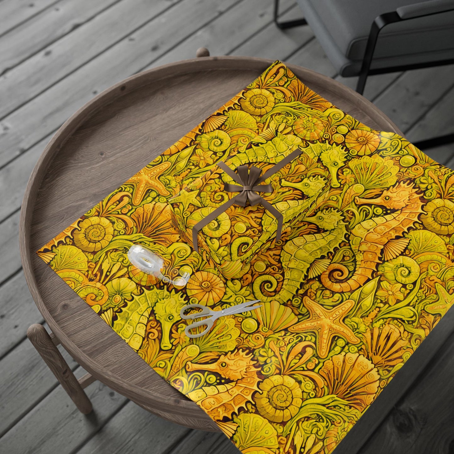 Wrapping Paper - Tropical Gift Wrap for All Occasions, 3 Sizes/2 Finishes / Seahorses, Yellow