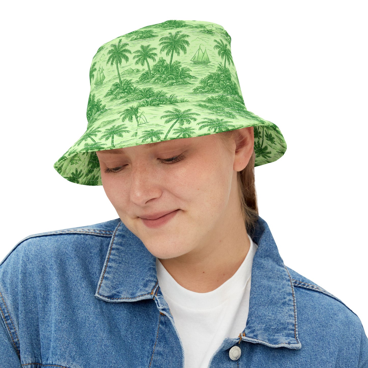 Tropical Polyester Bucket Hat, 2 Sizes - Faraway Toile, Green