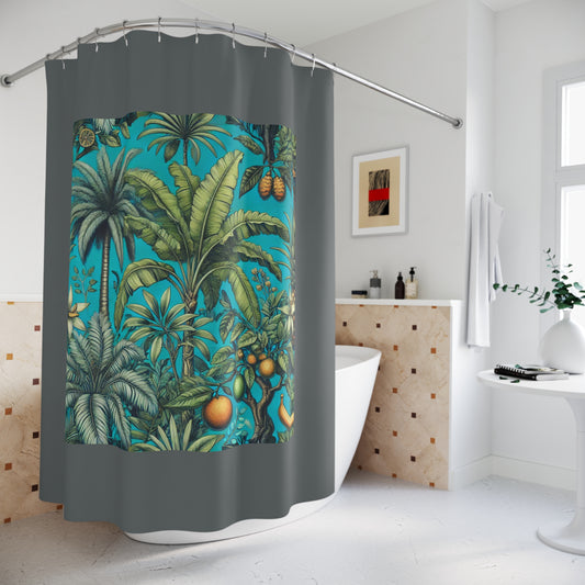 Tropical Shower Curtain - Rainforest Bathroom Decor / Tropical Fruit/Turquoise, Dark Grey