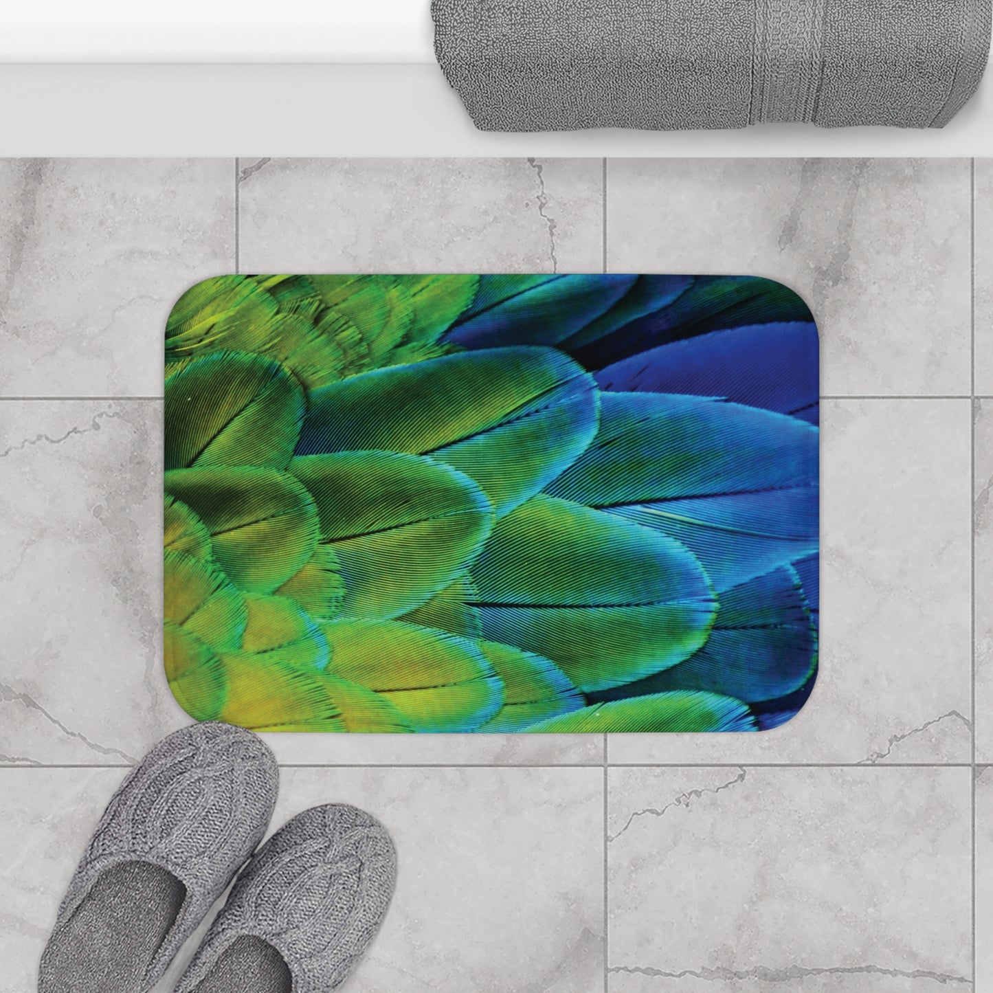 Tropical Bath Mat | Fun and Colorful Bathroom Decor / Shimmering Peacock Plumes