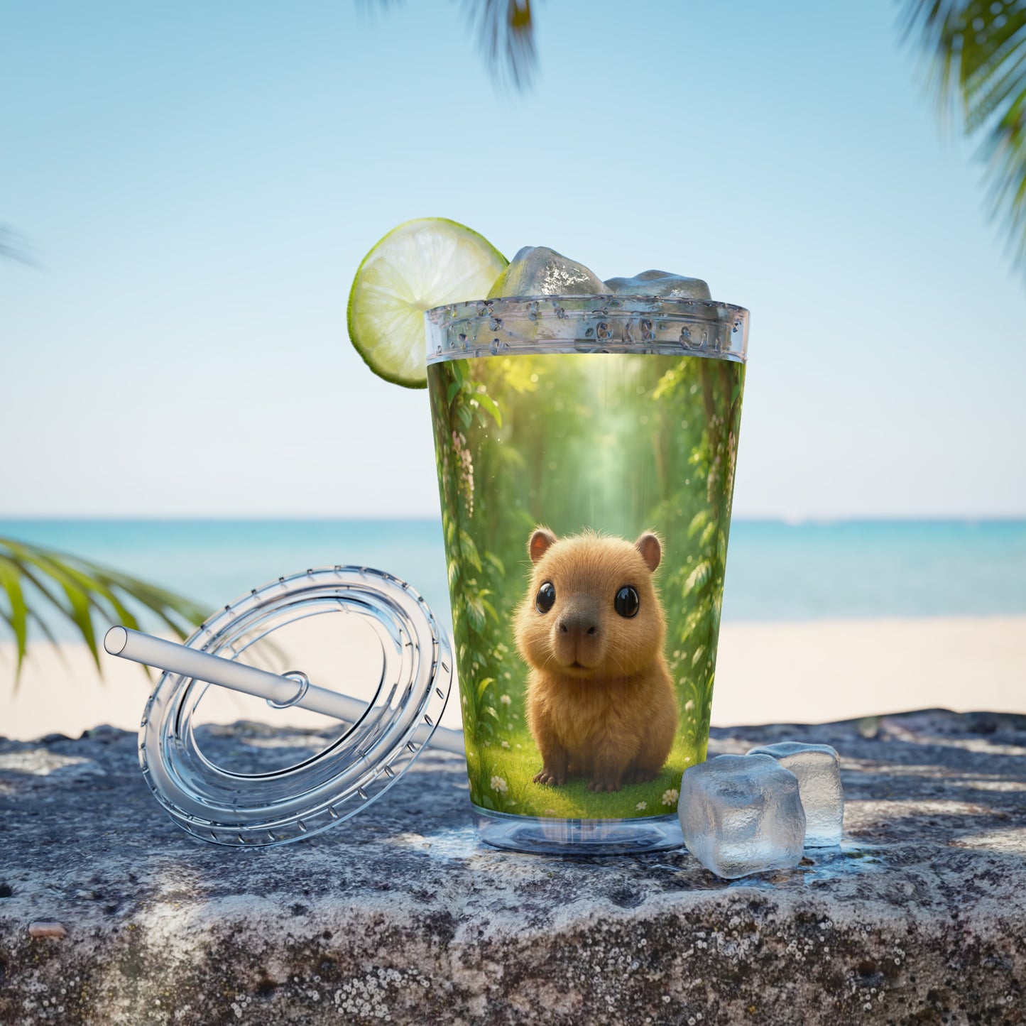 Tropical Tumbler with Straw | 16oz Colorful Travel Cup / Baby Cabybara