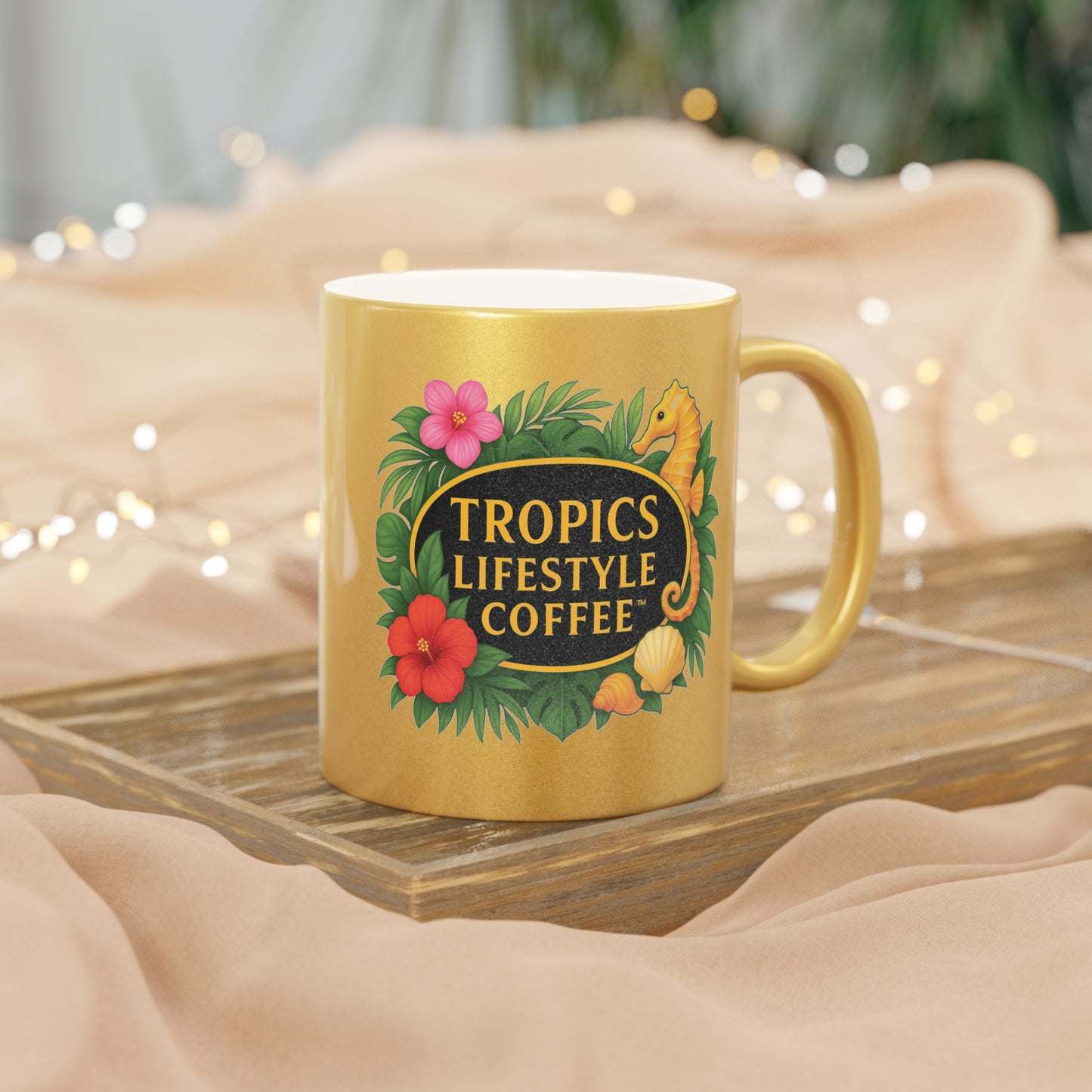 Tropical Metallic Mug, Gold or Silver - TLCoffee Seahorse Logo
