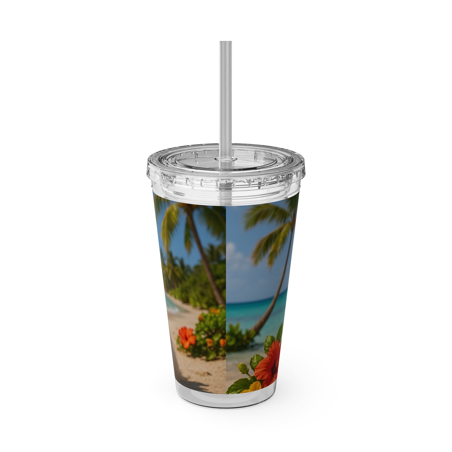 Tropical Tumbler with Straw | 16oz Colorful Travel Cup / Puppy Ariel at the Beach