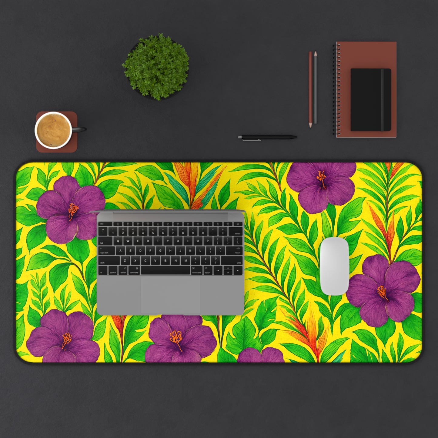 Tropical Mouse Pad/Desk Mat, 3 Sizes - Bright Botanical Design, Perfect for Home Office / Midnight Flower Yellow