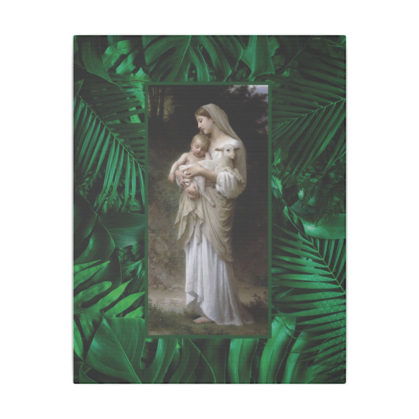 "Tropical Rainforest Innocence" Religious Canvas Artwork - Stretched Canvas Print / Virgin Mary & Jesus