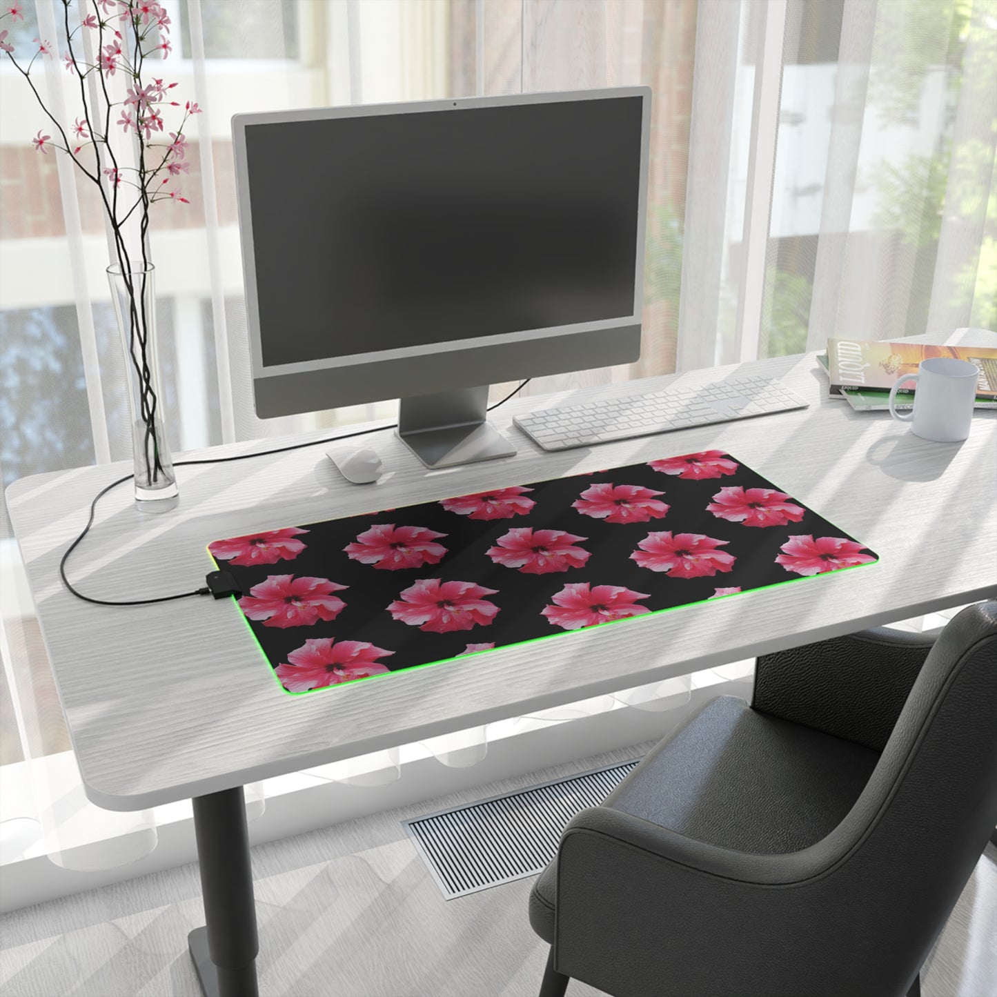 LED Gaming Mouse Pad With Vibrant RGB Lighting, 4 Sizes / Photo Hibiscus/Pink