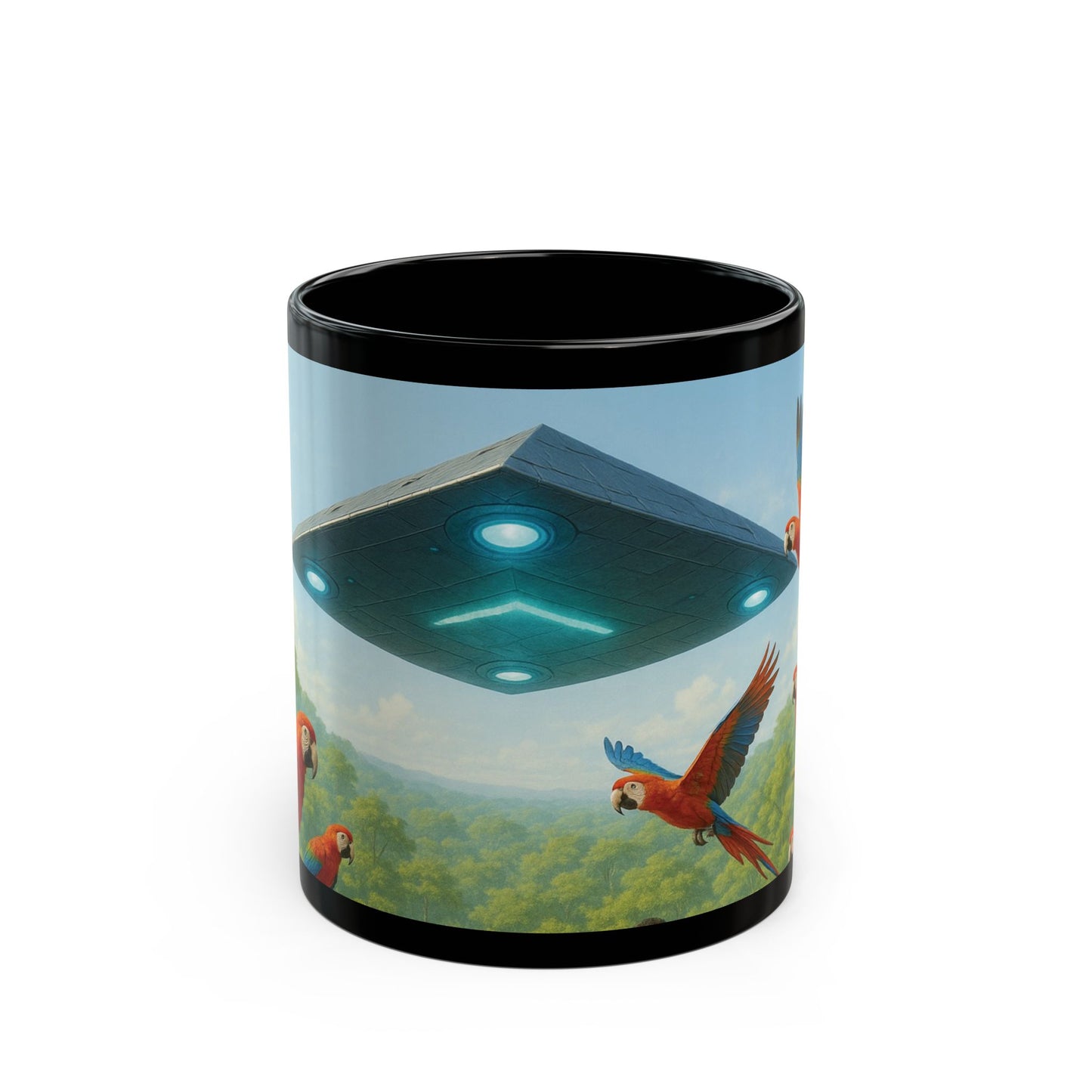 Black Coffee Mug - UFO and Macaws, Full View