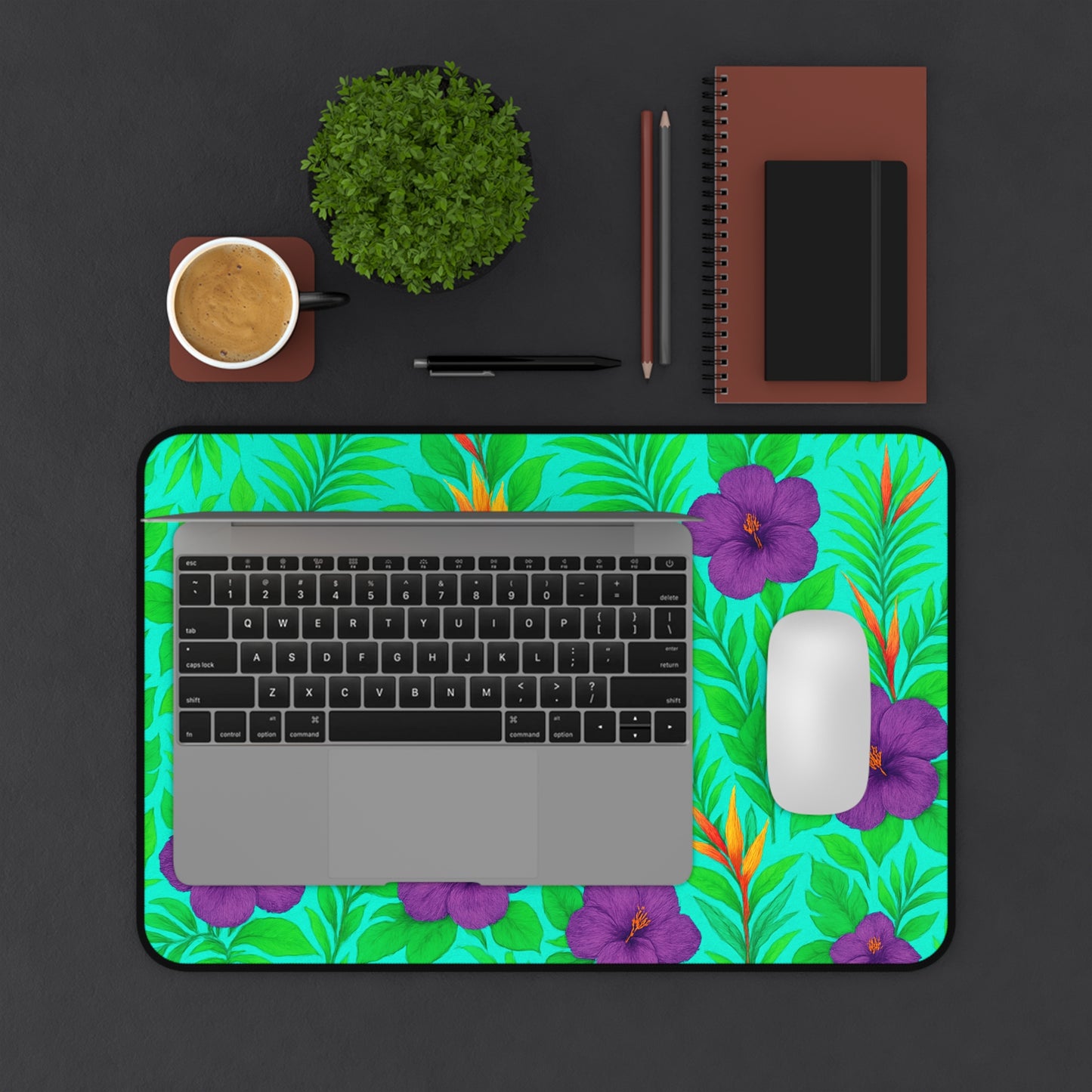Tropical Paradise Desk Mat, 3 Sizes - Perfect for Home Office - Midnight Flower Green