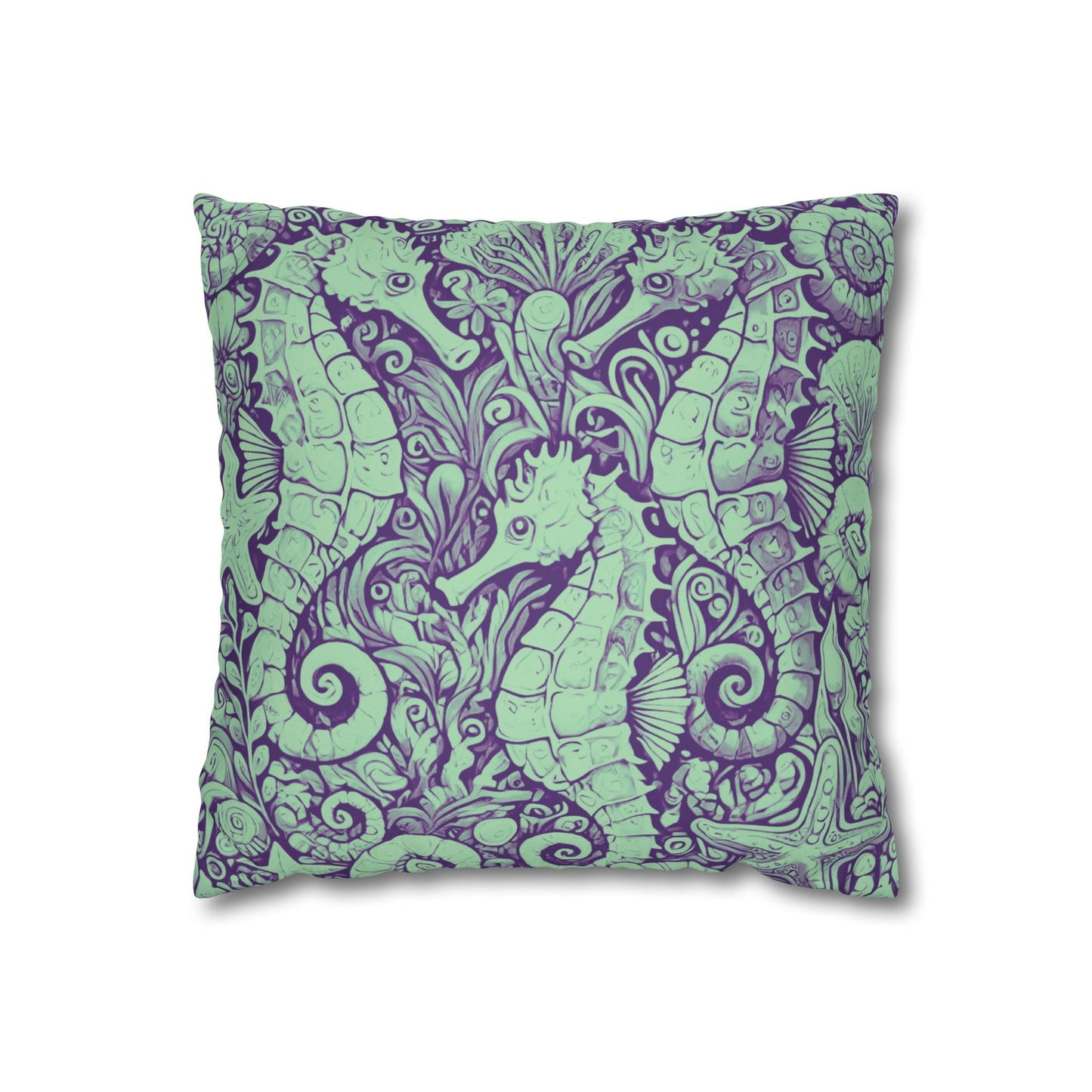 Faux Suede Square Pillowcase - Seahorse Trio, Minty