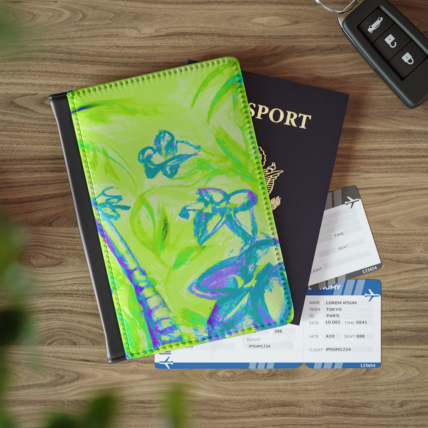 Tropical Passport Cover, Faux Leather - RFID blocking for travel security / Tropical Doodles, Lime