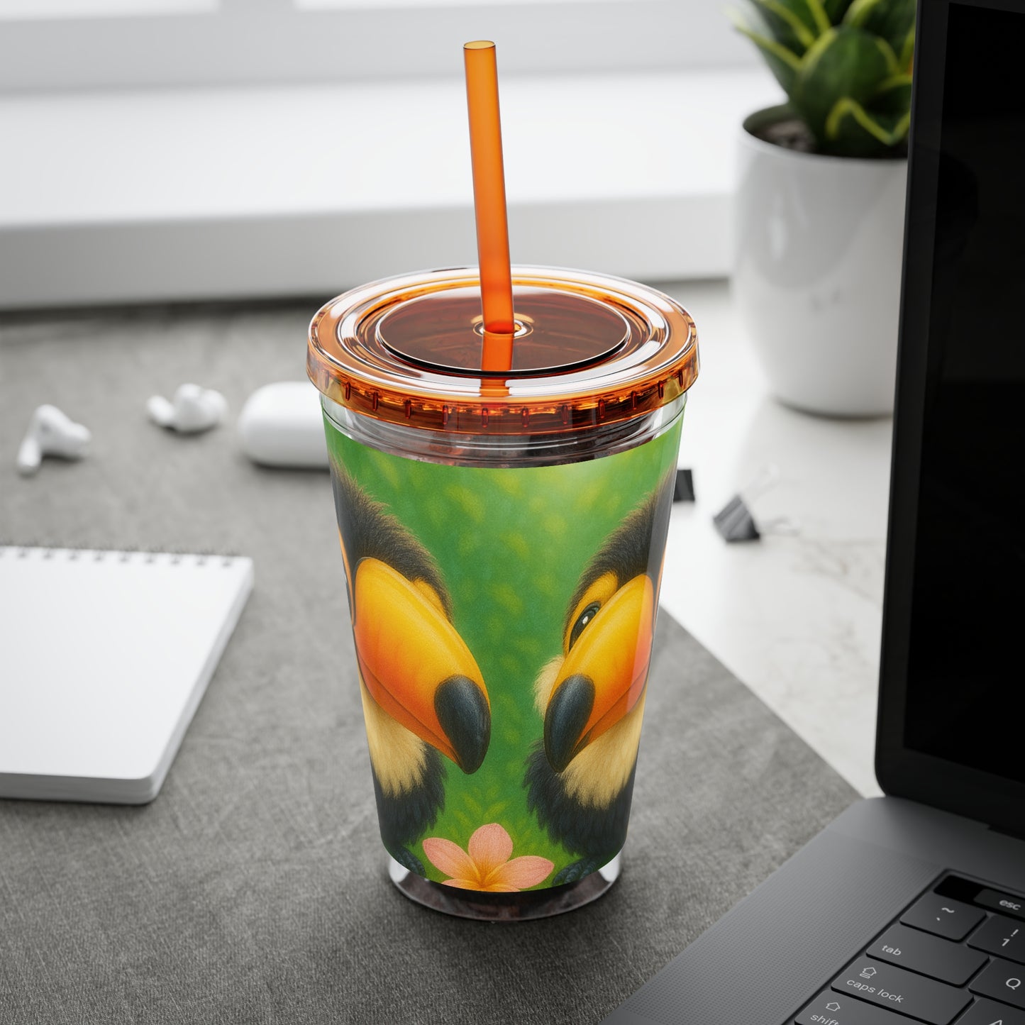 Tropical Tumbler with Straw | 16oz Colorful Travel Cup / Baby Toucans