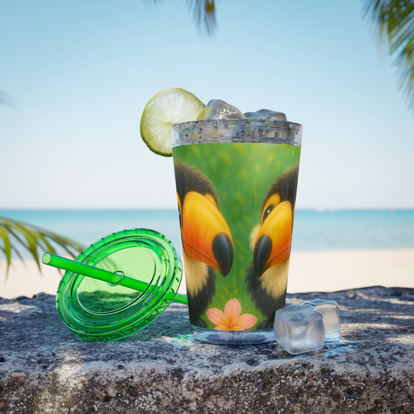 Tropical Tumbler with Straw | 16oz Colorful Travel Cup / Baby Toucans