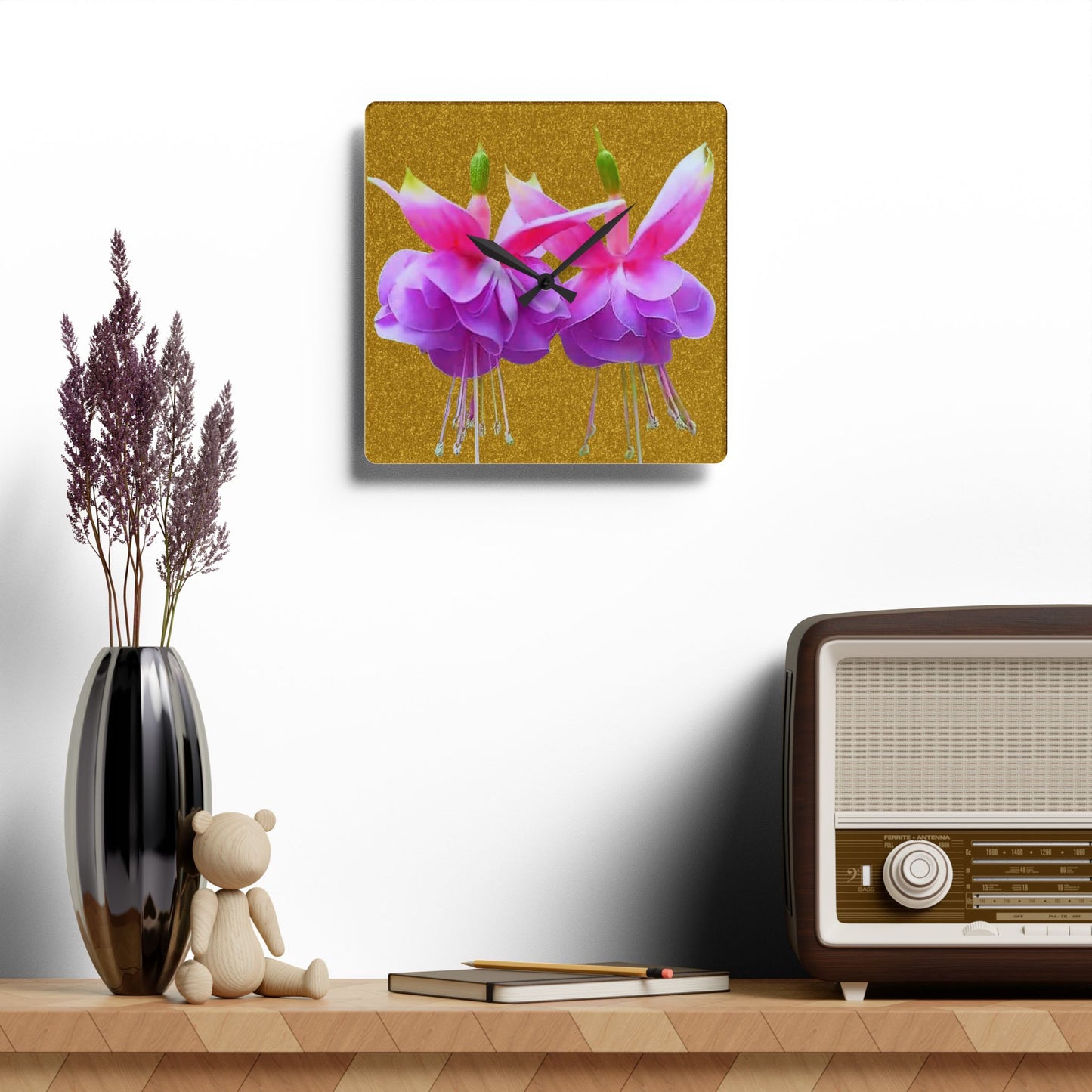 Acrylic Wall Clock, Two Fuchsias/Gold, 4 Variants