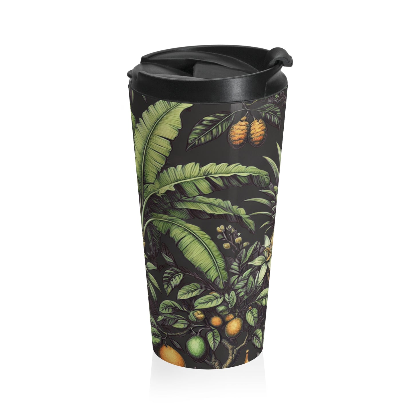 15 oz. Stainless Steel Travel Mug / Palms & More Fruit, Black