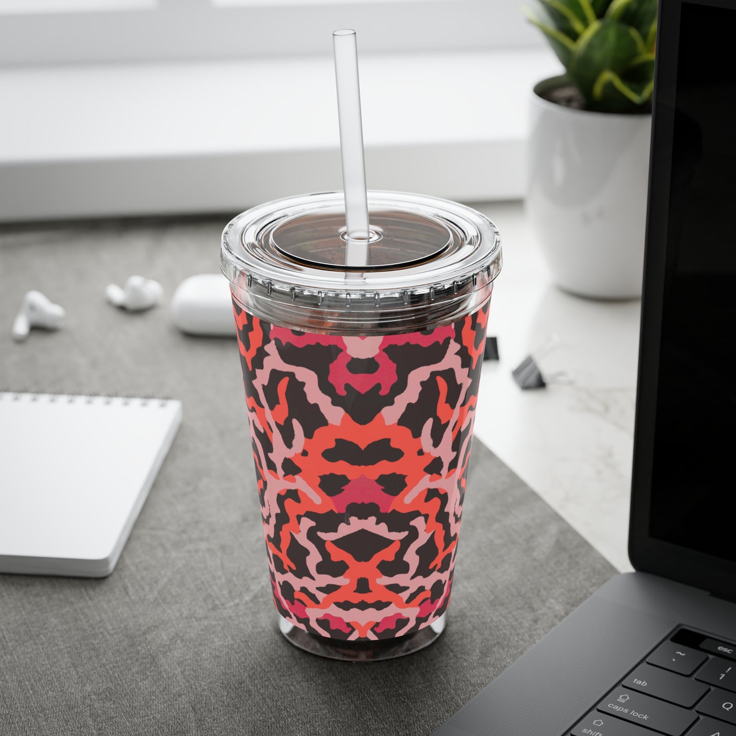 Tropical Tumbler with Straw | 16oz Colorful Travel Cup / Coral Threads, Red
