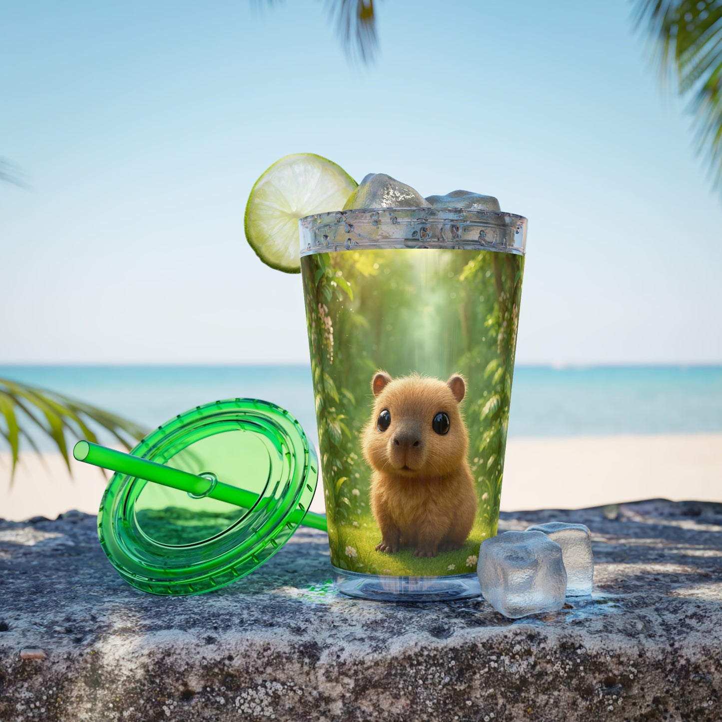 Tropical Tumbler with Straw | 16oz Colorful Travel Cup / Baby Cabybara