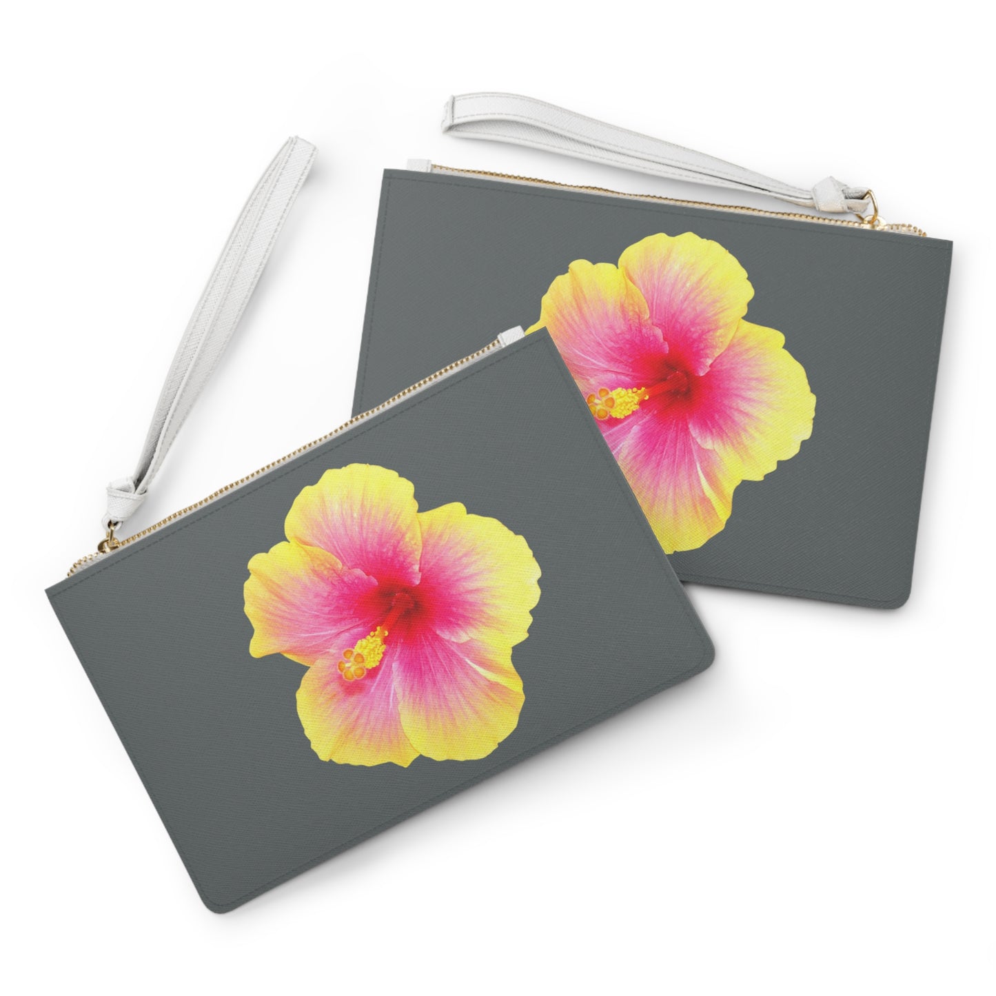 Tropical Faux Leather Clutch Bag - Perfect for Beach Adventures & Summer Vacations / Photo Yellow Hibiscus, Dark Grey
