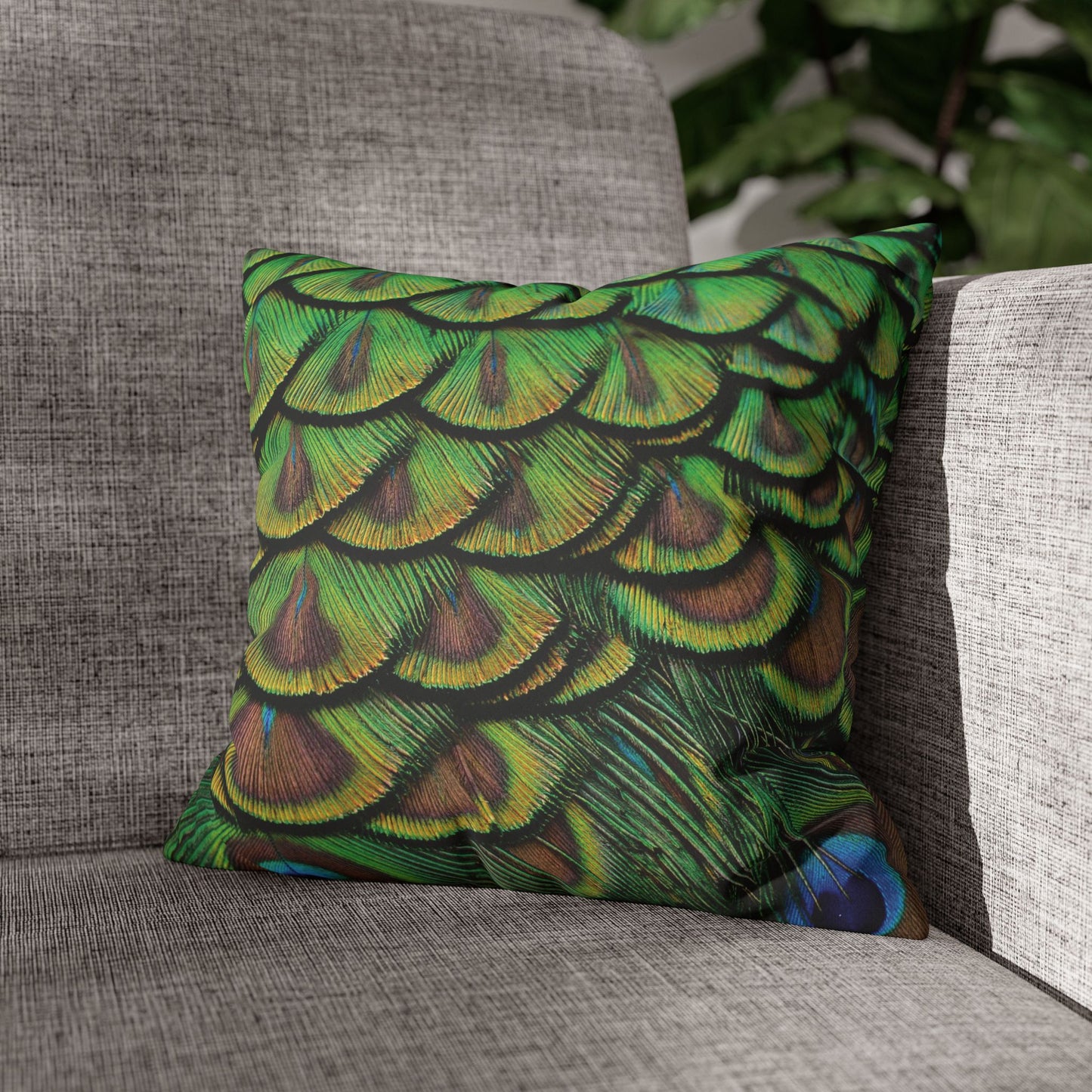 Faux Suede Square Pillowcase - Majestic Green Peacock Feathers