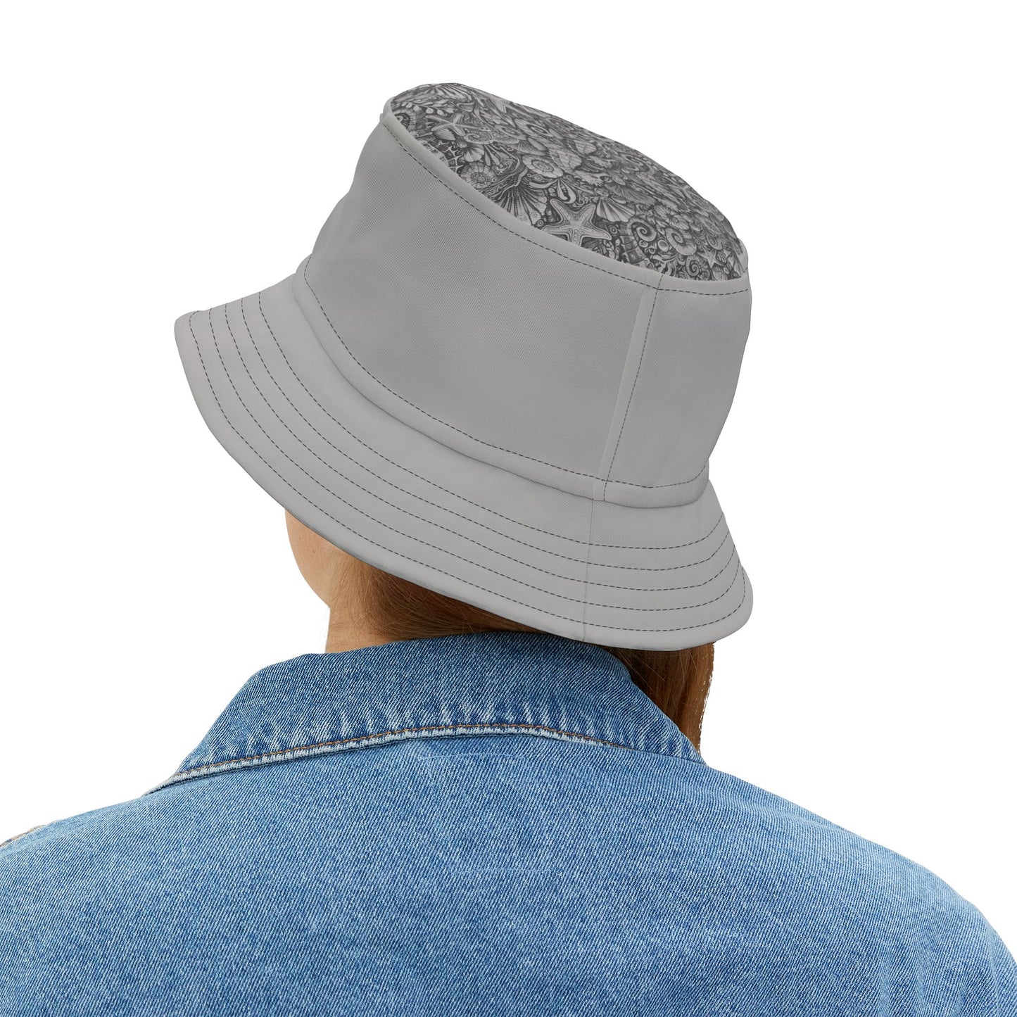 Tropical Polyester Bucket Hat, 2 Sizes - Seashorses Noir/Lt. Grey