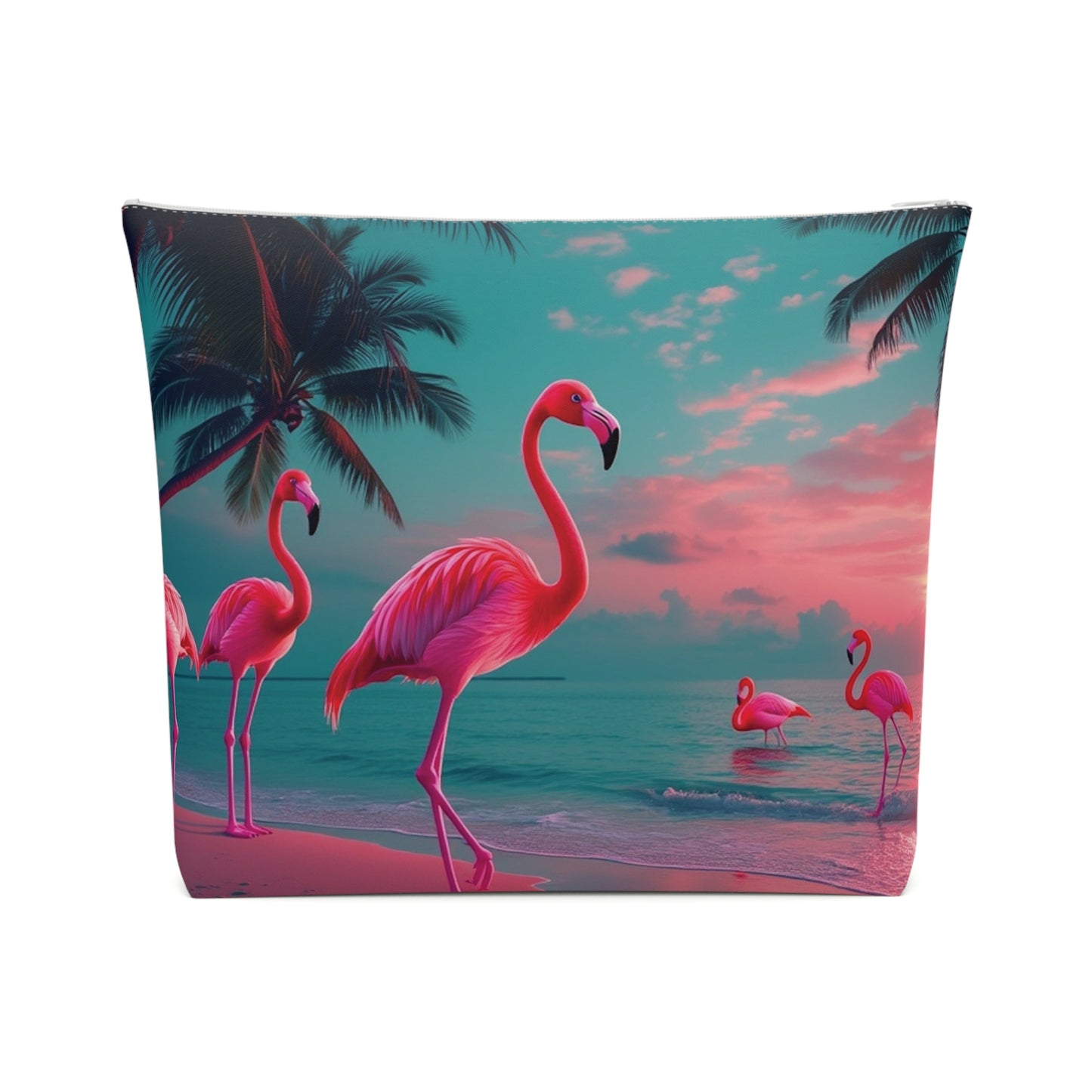 Tropical Cotton Cosmetic Bag, Makeup Pouch, 5 Sizes / Neon Flamingos at Night