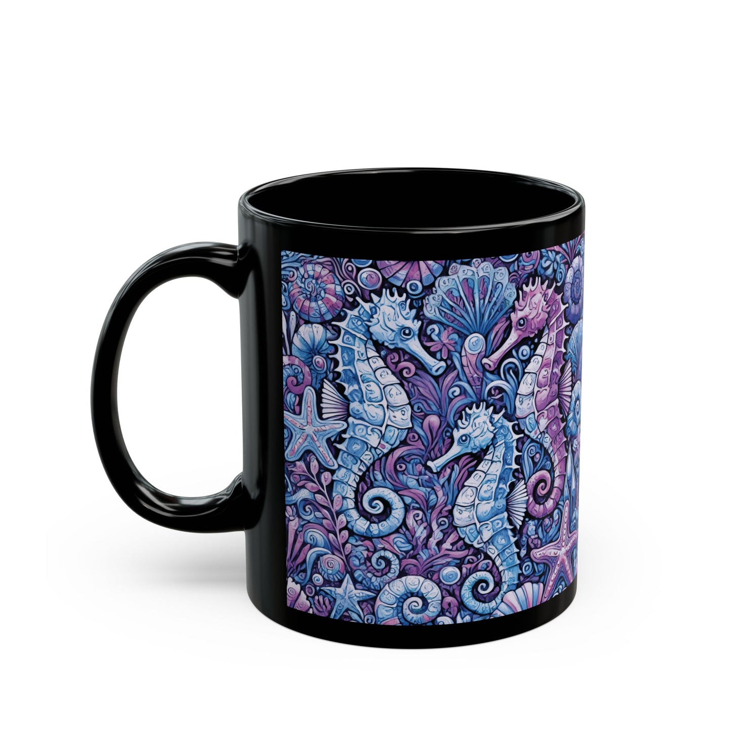 Black Coffee Mug - Seahorse Trio, Purple & Blue