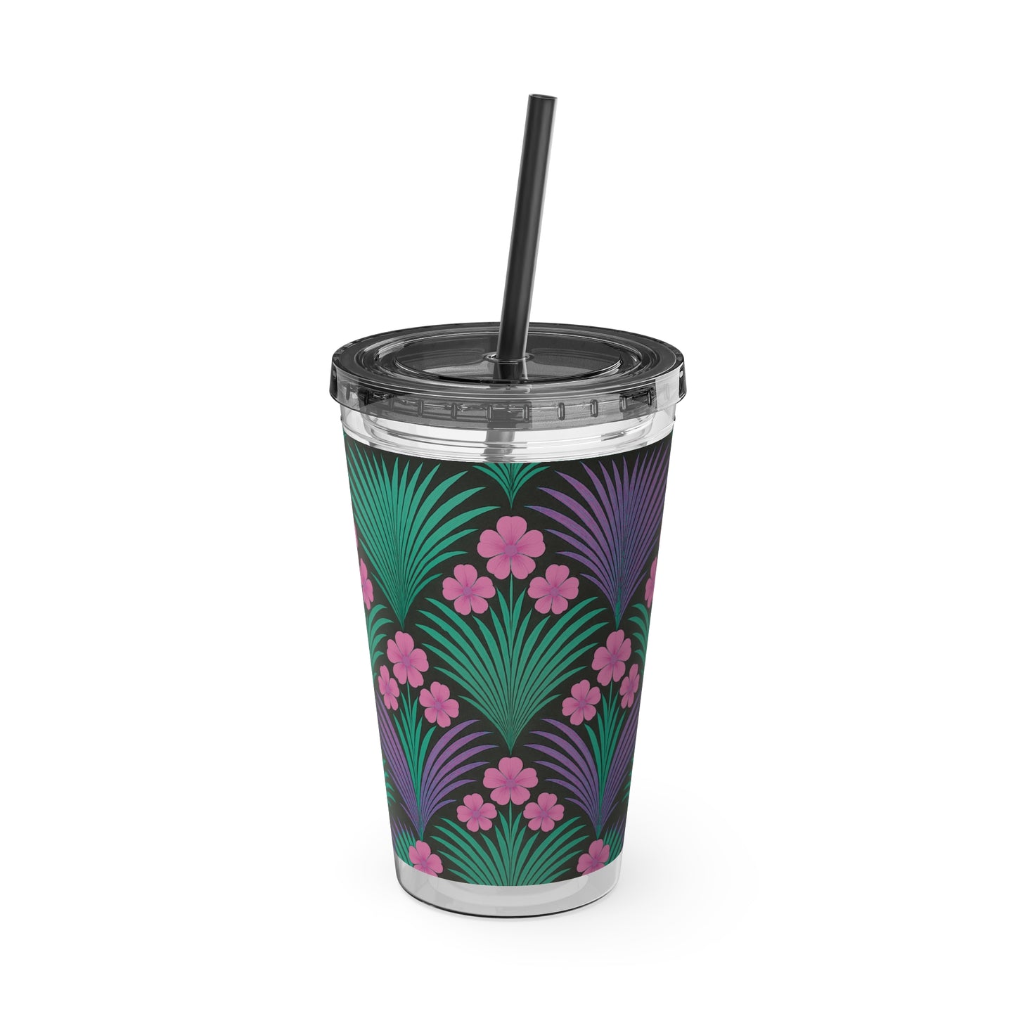 Tropical Tumbler with Straw | 16oz Colorful Travel Cup / Midnight Hibiscus Deco, Pink