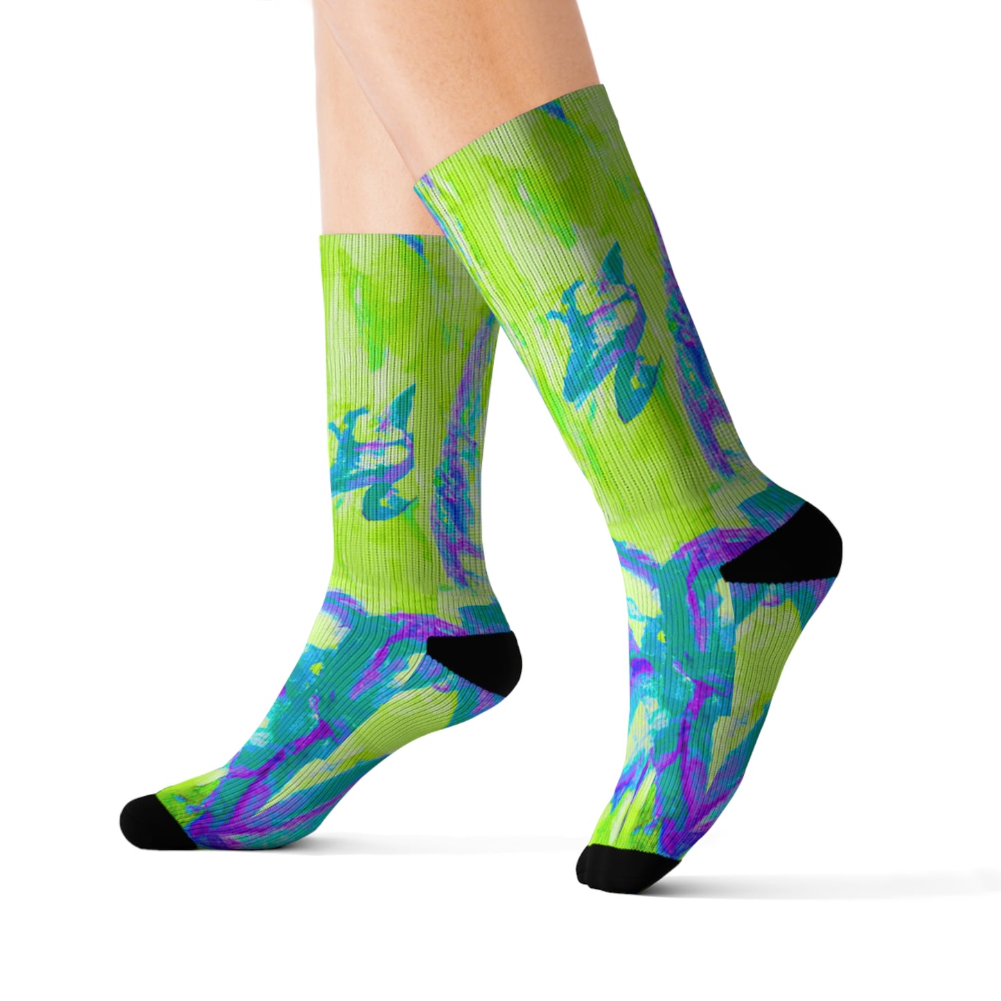 Lime Tropical Doodles Sublimation Fleece-Lined Socks - Colorful Palm Tree/Flower Design