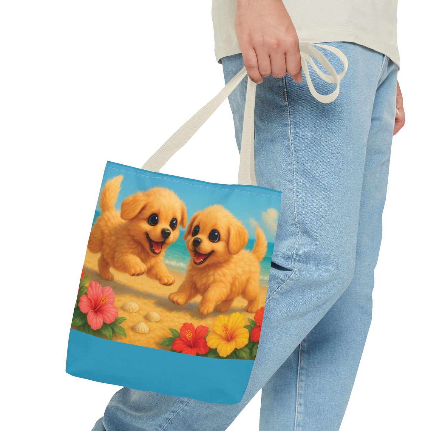 Two Puppies on Beach Tote Bag - 3 Sizes