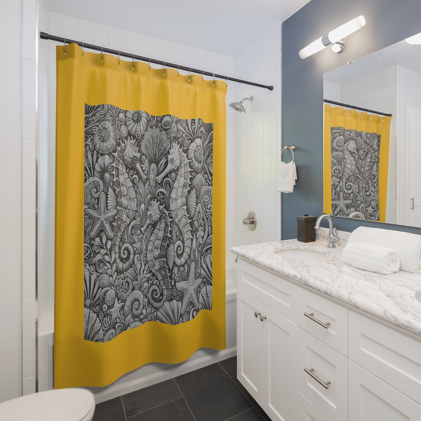 Tropical Shower Curtain - Ocean Bathroom Decor / Seahorse Trio Noir/Yellow