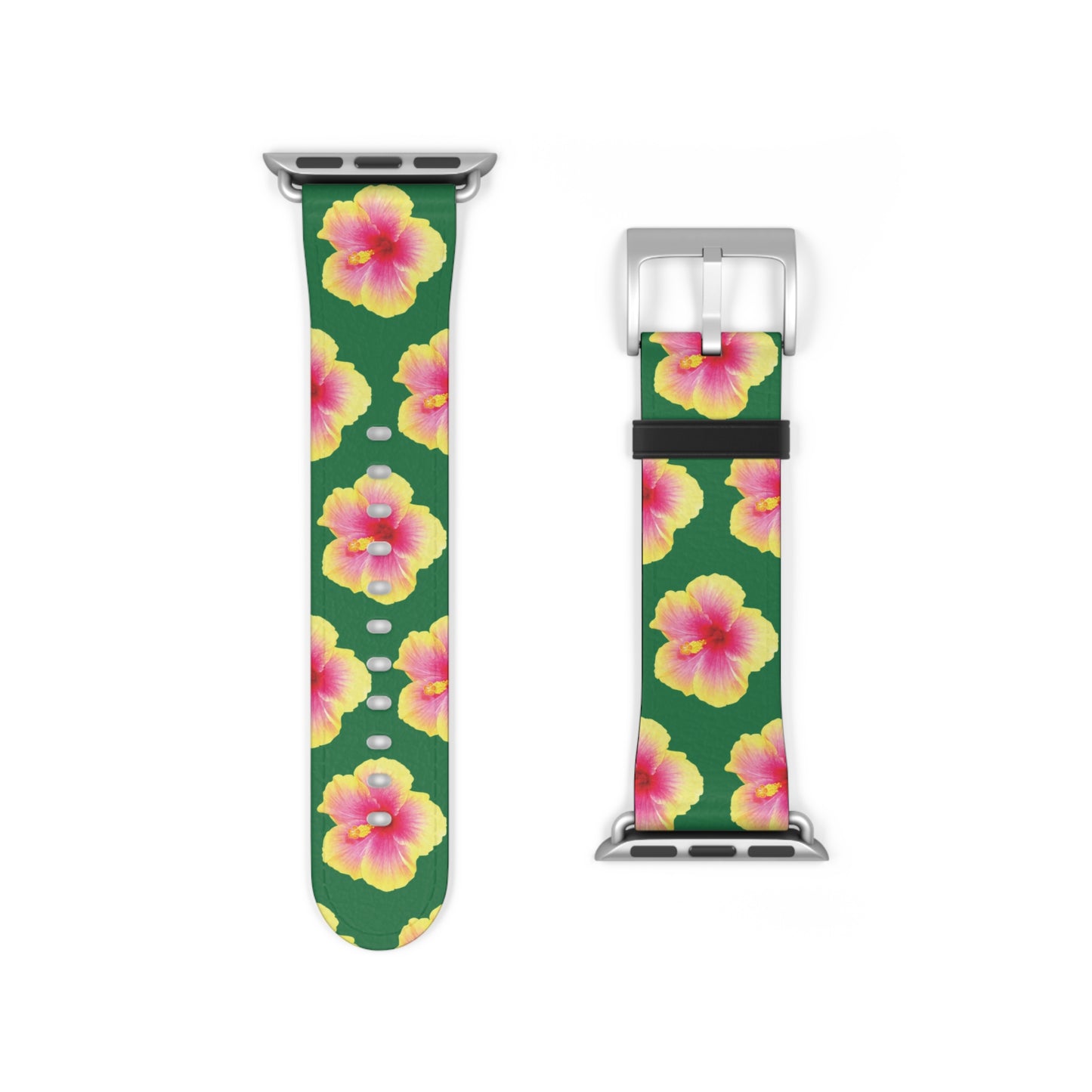 Apple Watch Band - REAL Yellow/Orange Hibiscus Flower, Dark Green
