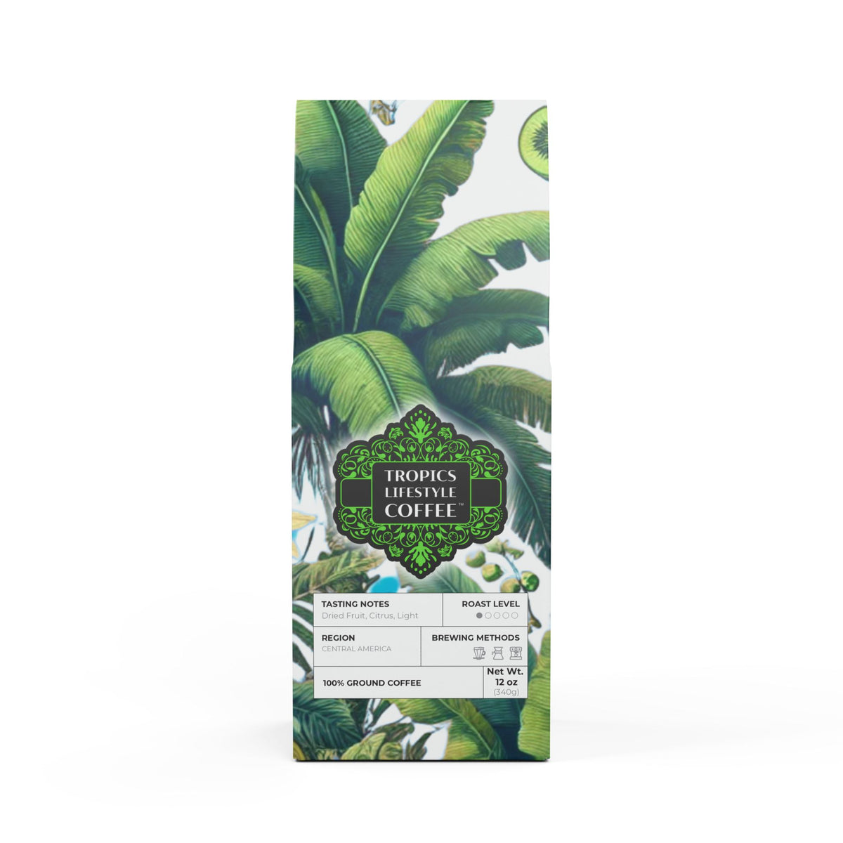 Beach Sunrise Blend™ (Light Roast) Specialty Grade Craft Coffee / Palms and More Tropical Fruit, White