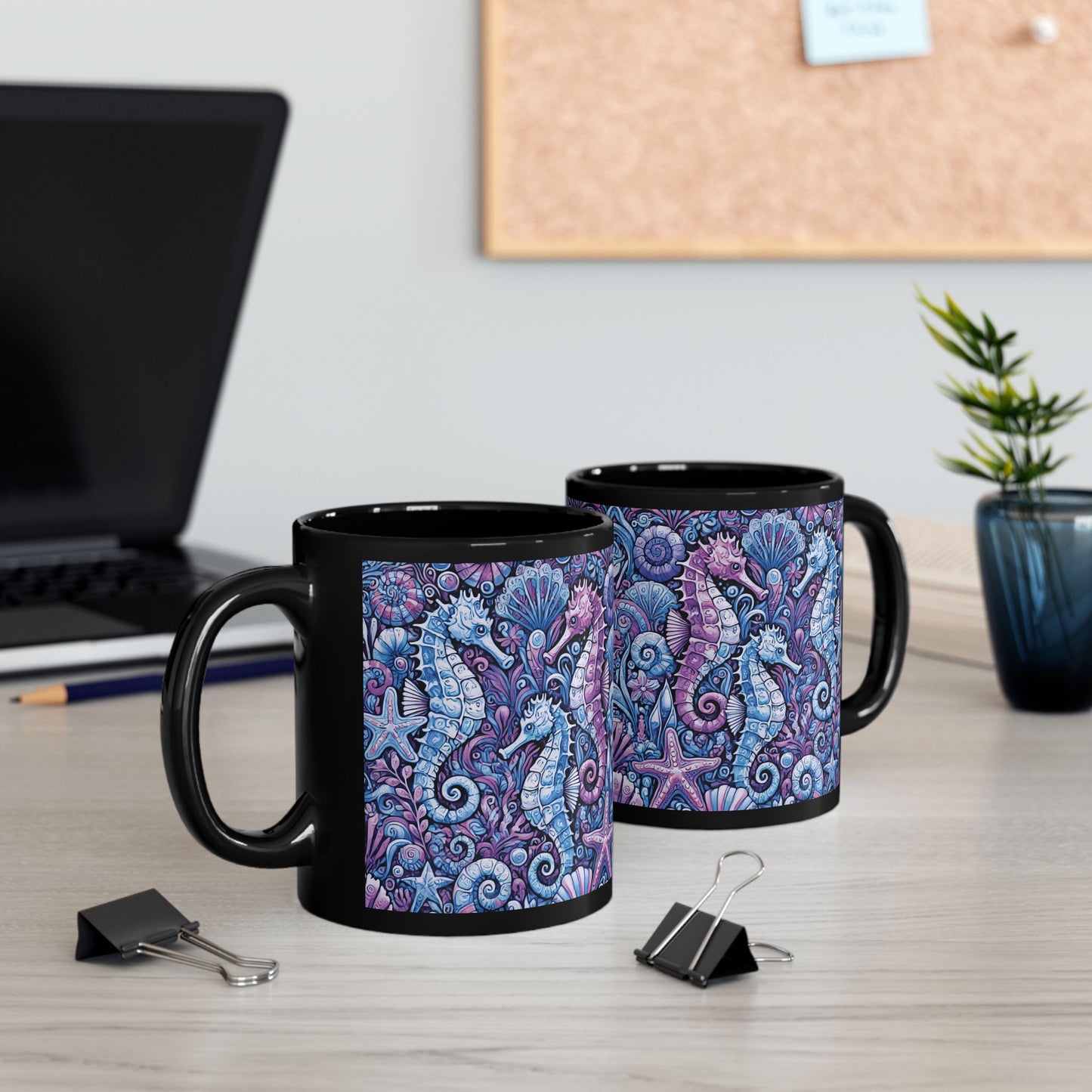Black Coffee Mug - Seahorse Trio, Purple & Blue