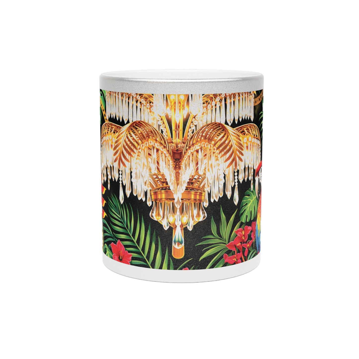 Tropical Chandelier Metallic Mug — Gold & Silver Floral Travel Coffee Cup