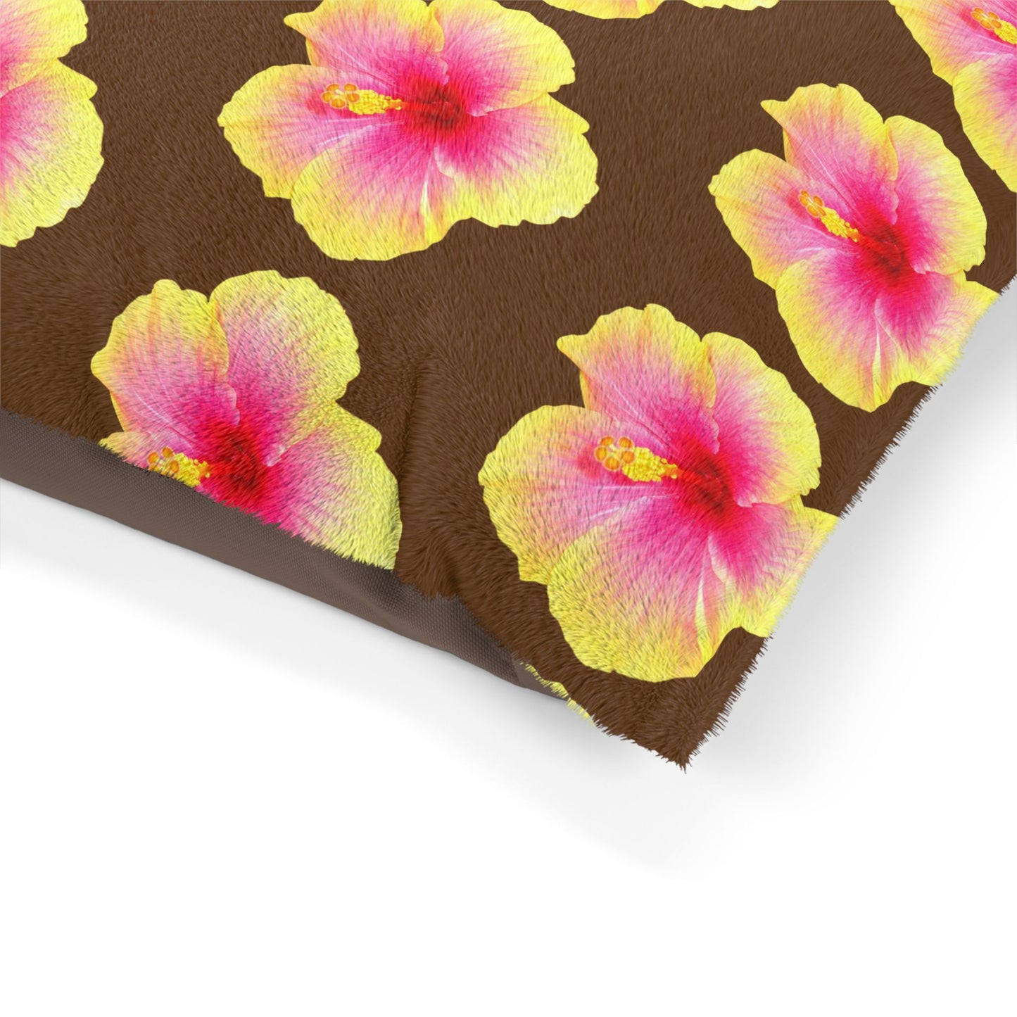 Pet Bed - Cozy and Fun Dog or Cat Bed for Beach Lovers / Real Yellow & Pink Hibiscus/Brown