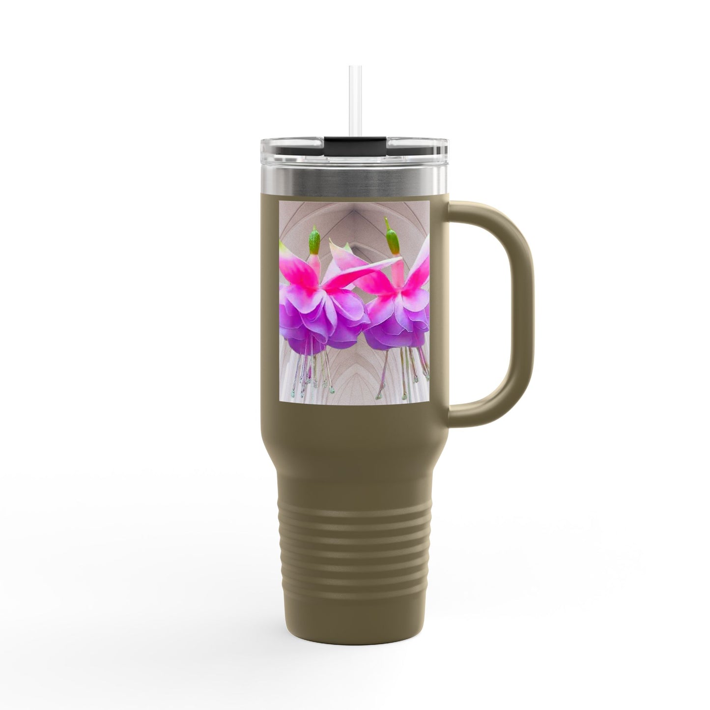 Insulated Travel Mug, 40oz / Floral Two Fuchsias, Gothic - Perfect for Outdoor Adventures